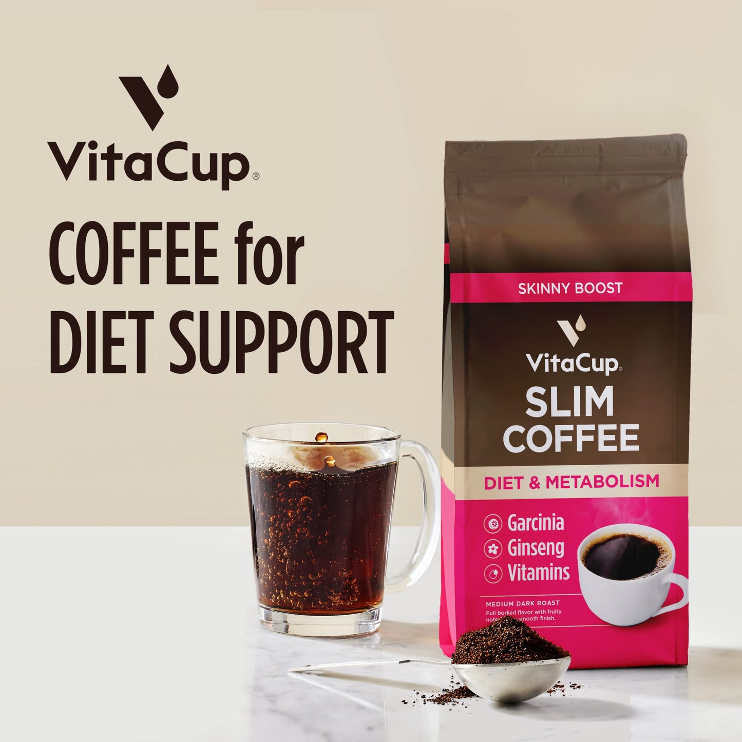 VitaCup Slim Ground Coffee, Diet Support with Ginseng, Garcinia, B Vitamins, Medium Dark Roast, Bold and Smooth,100% Arabica Specialty Coffee Grounds, 11oz
