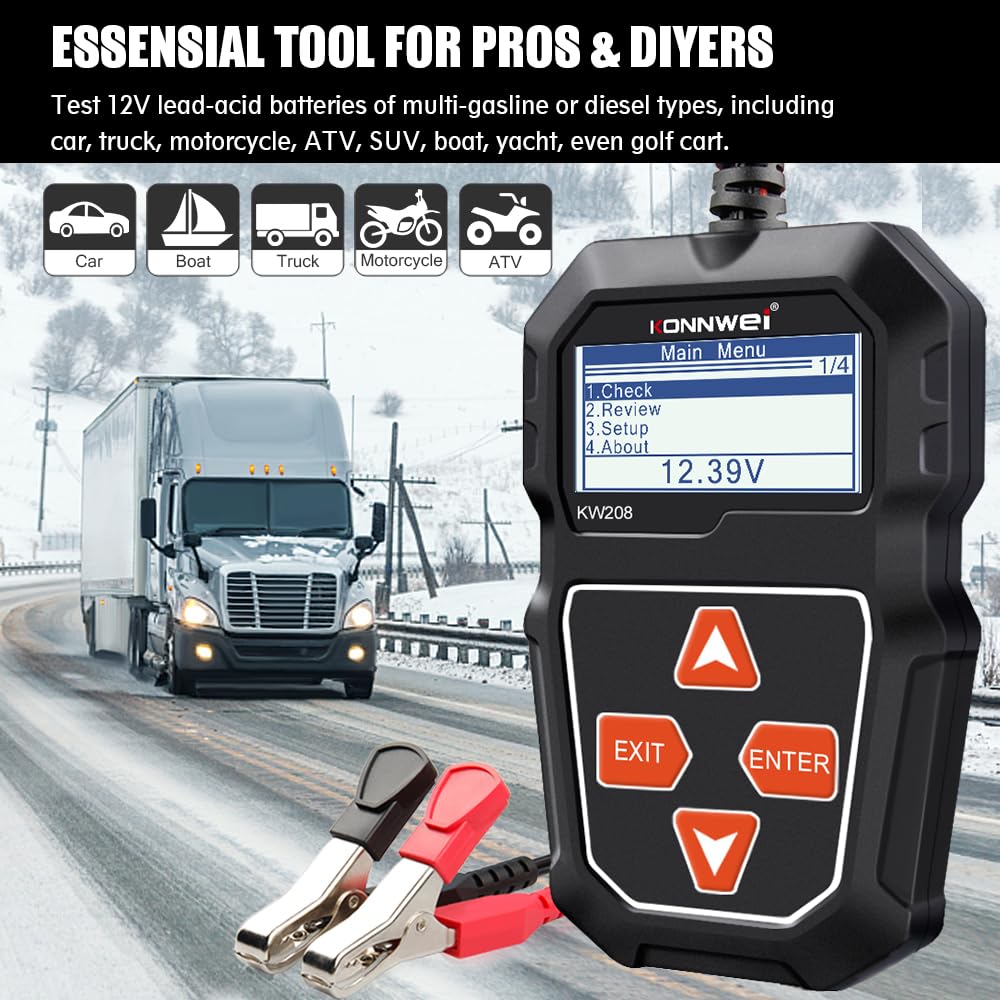 KONNWEI KW208 12V Car Battery Tester, 100-2000 CCA Load Tester Automotive Alternator Tester Digital Auto Battery Analyzer Charging Cranking System Tester for Truck Marine Motorcycle SUV Boat