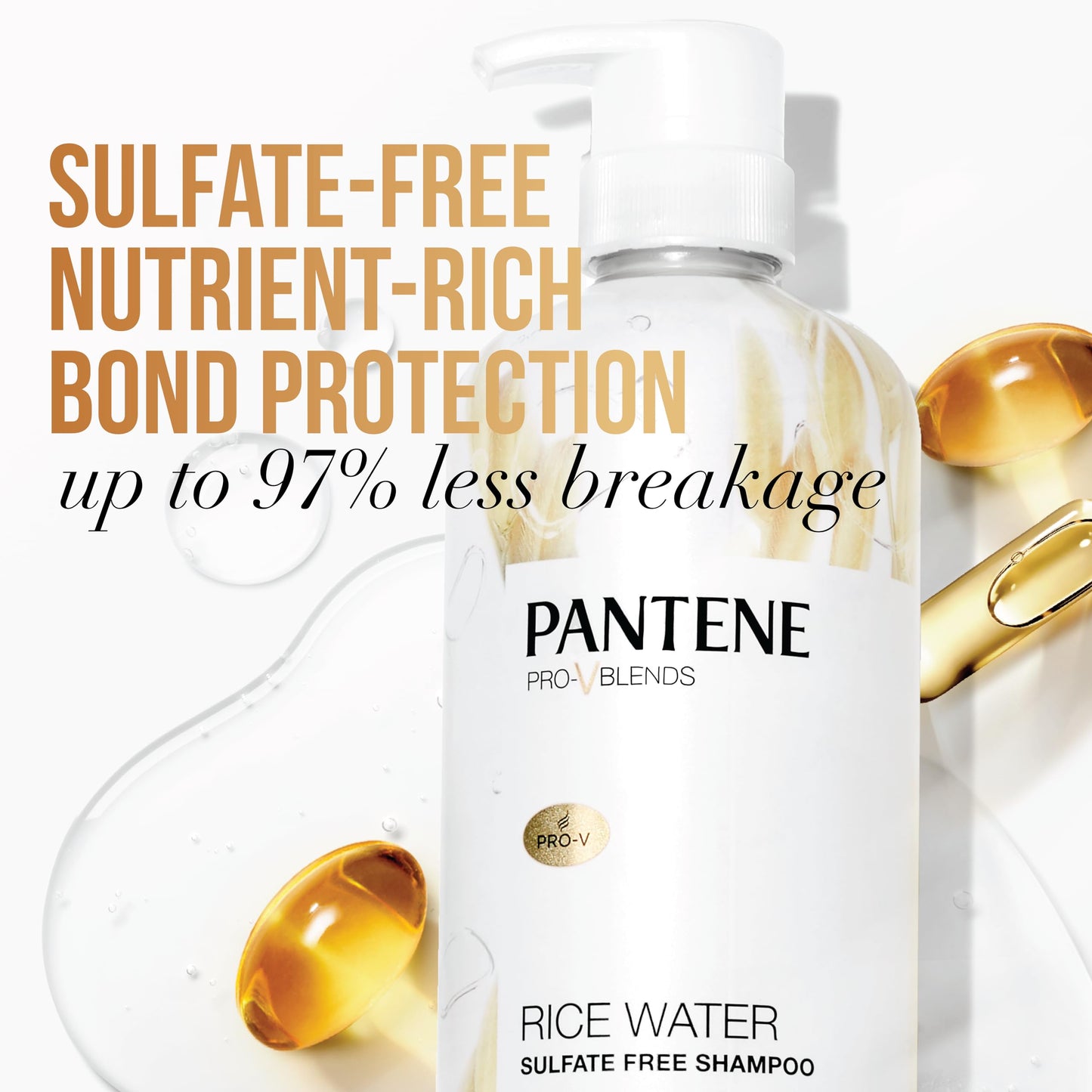 Pantene Sulfate Free Shampoo with Rice Water, Protects Natural Hair Growth, Volumizing, for Women, Nutrient Infused with Vitamin B5, Safe for Color Treated Hair, Pro-V Blends, 30.0 oz