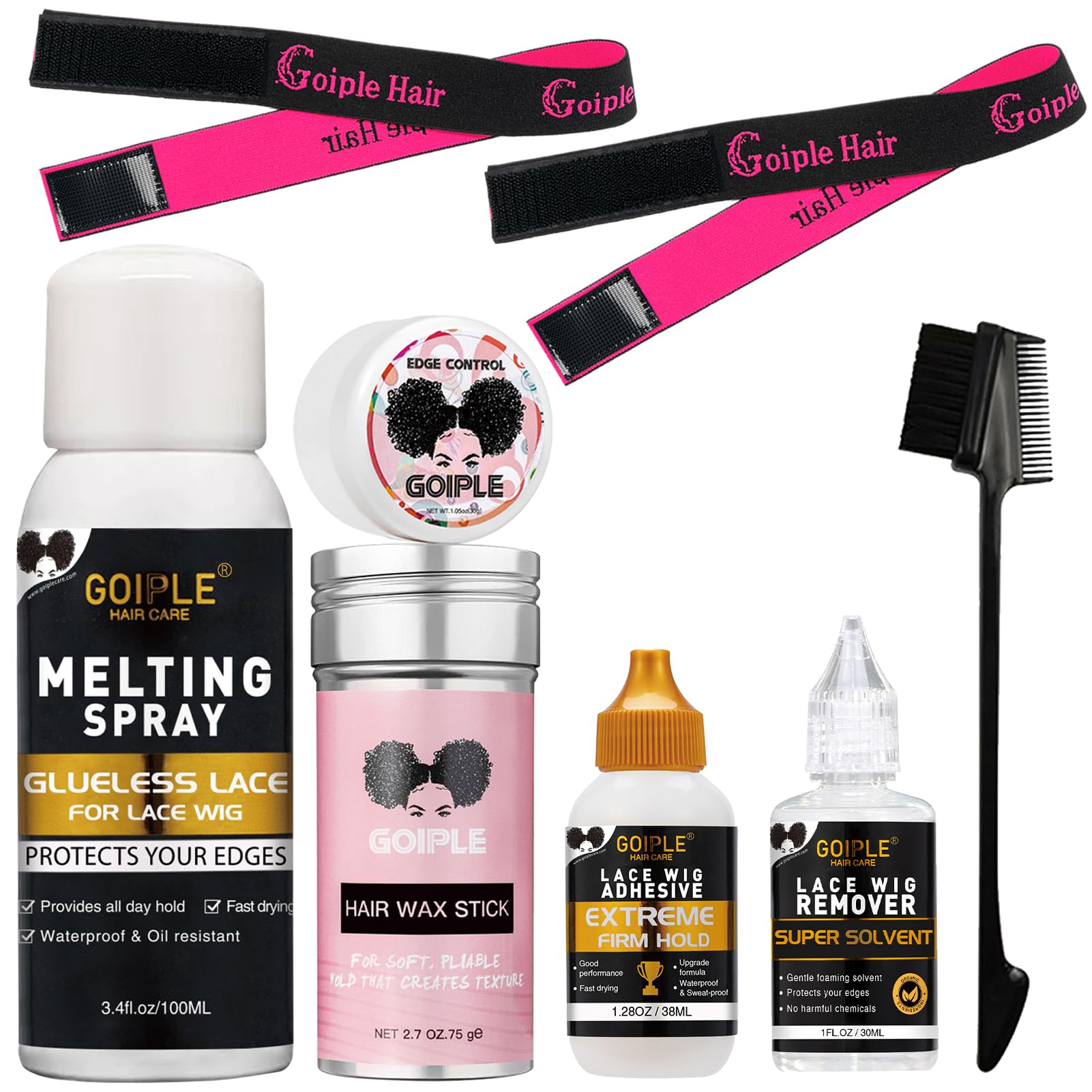 Wig Glue Lace Glue for Lace Front Wigs, Waterproof Lace Wig Glue with Tools and Lace Melting Spray Hair Wax Stick(Wig Glue/Wig Glue Remover/Edge Control/Pink Elastic Bands*2/Hair Dual Drush)
