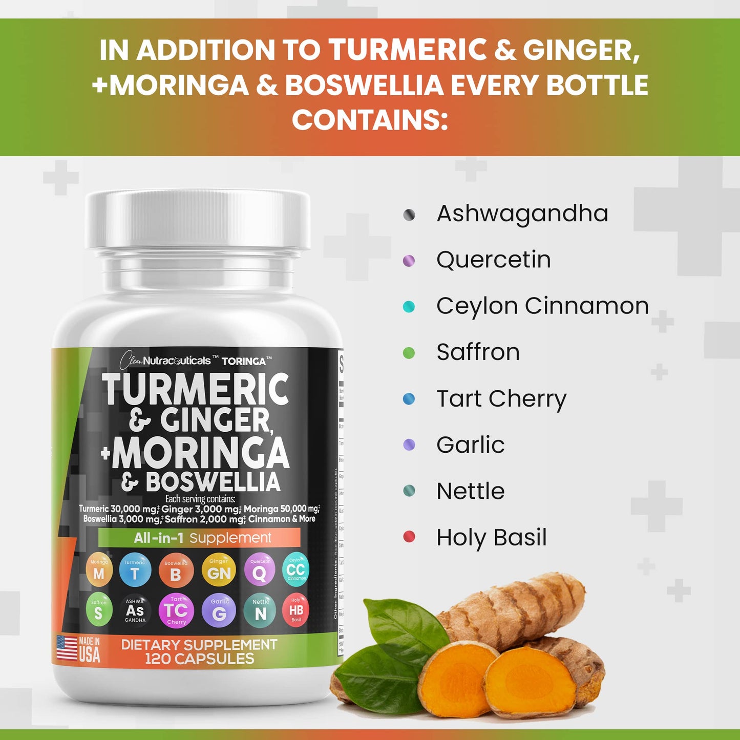 Turmeric Curcumin 30000mg Ginger 3000mg Moringa 50000mg Boswellia Saffron 2000mg - Joint Support Supplement for Women and Men with Ceylon Cinnamon, Quercetin, Tart Cherry Made in USA 120 Caps