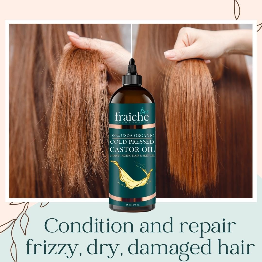 Live Fraiche USDA Organic Cold Pressed Castor Oil (16oz), 100% Pure, Hexane-Free Castor Oil - Moisturizing & Healing, For Dry Skin, Hair Growth - For Skin, Hair Care, Eyelashes - Caster Oil