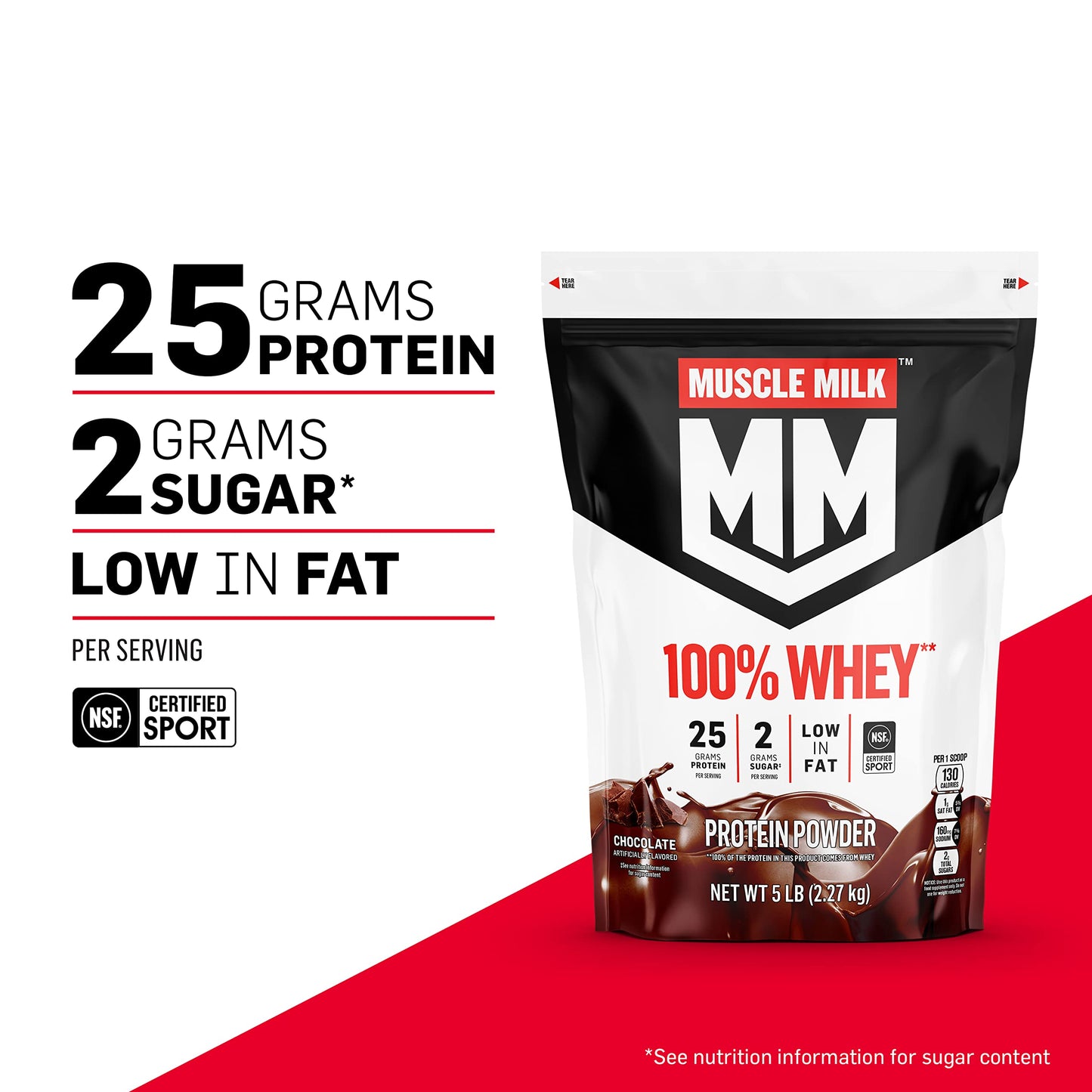 Muscle Milk 100% Whey Protein Powder, Chocolate, 5 Pound,(PACK OF TWO) 66 Servings, 25g Protein, 2g Sugar, Low in Fat, NSF Certified for Sport, Energizing Snack, Workout Recovery, Packaging May Vary