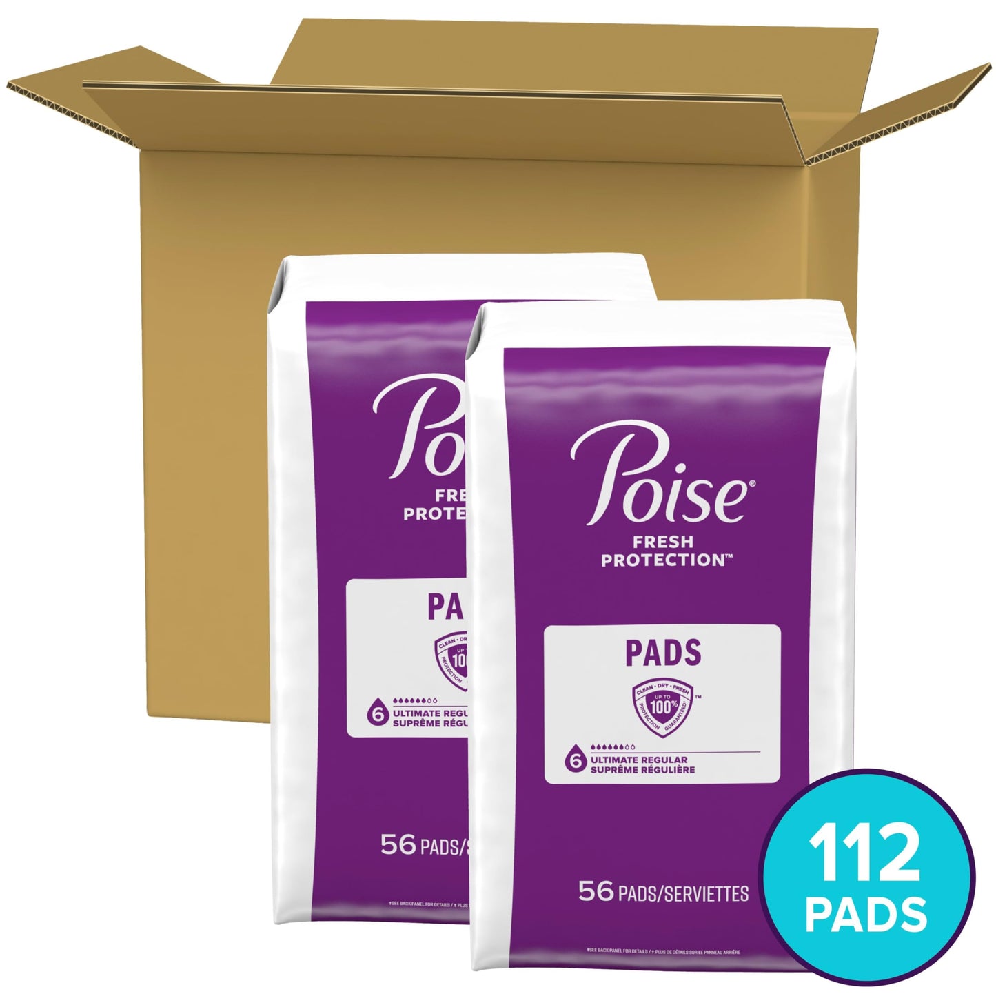 Poise Incontinence Pads & Postpartum Incontinence Pads, 6 Drop Ultimate Absorbency, Regular Length, 112 Count (2 Packs of 56), Packaging May Vary
