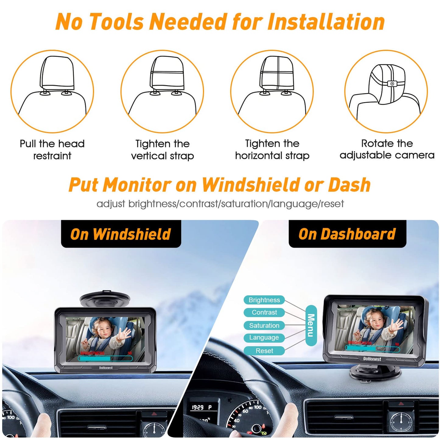 DoHonest Baby Car Camera HD 1080P: 360° Rotating Plug and Play Easy Install 3 Mins Rear Facing Car Baby Monitor with Camera Crystal Night Vision Backseat Camera Two Kids -V33