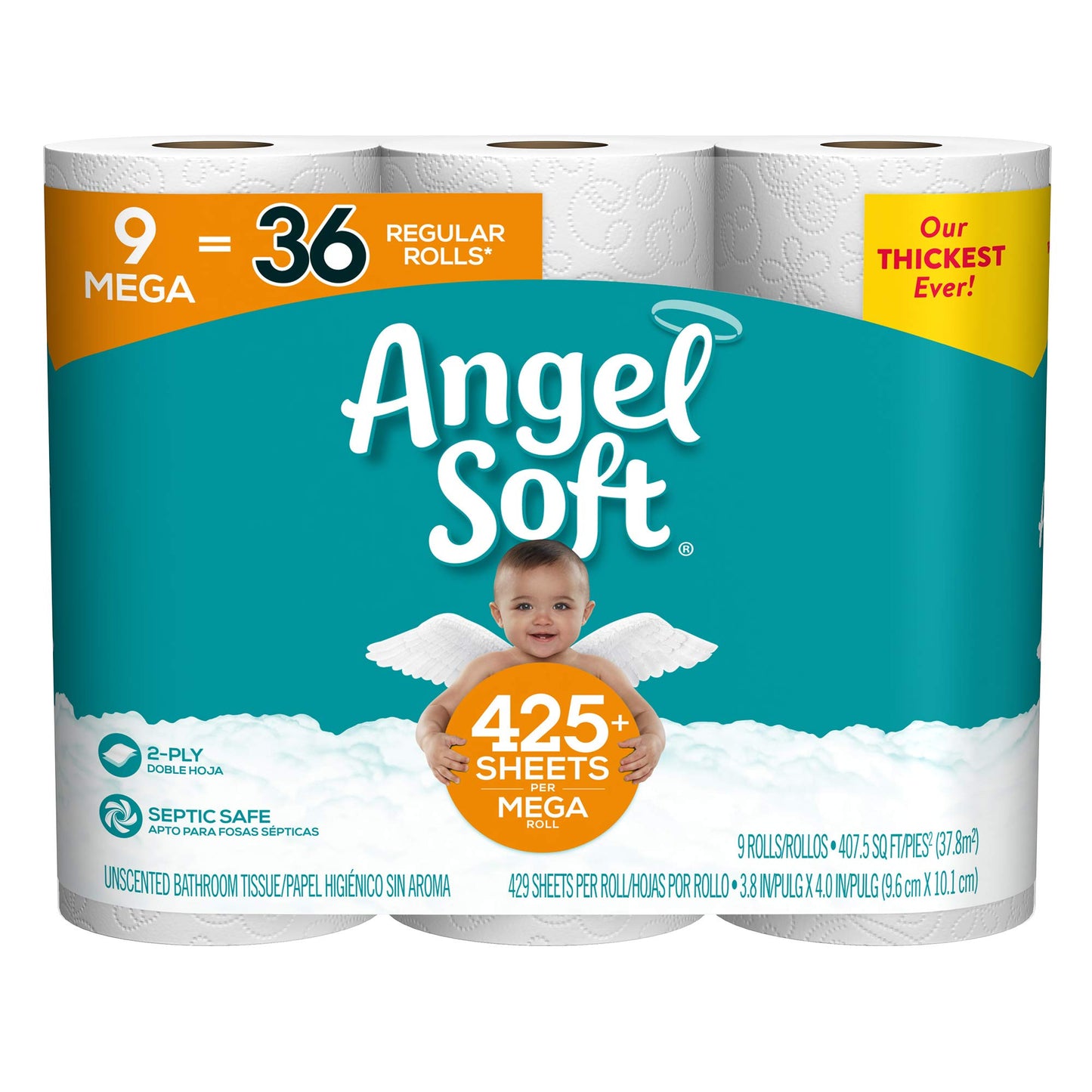 Angel Soft 9 Mega Rolls (Case of 4-9 Mega Roll Packs) 429 Sheets per Roll