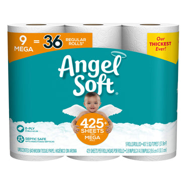 Angel Soft 9 Mega Rolls (Case of 4-9 Mega Roll Packs) 429 Sheets per Roll
