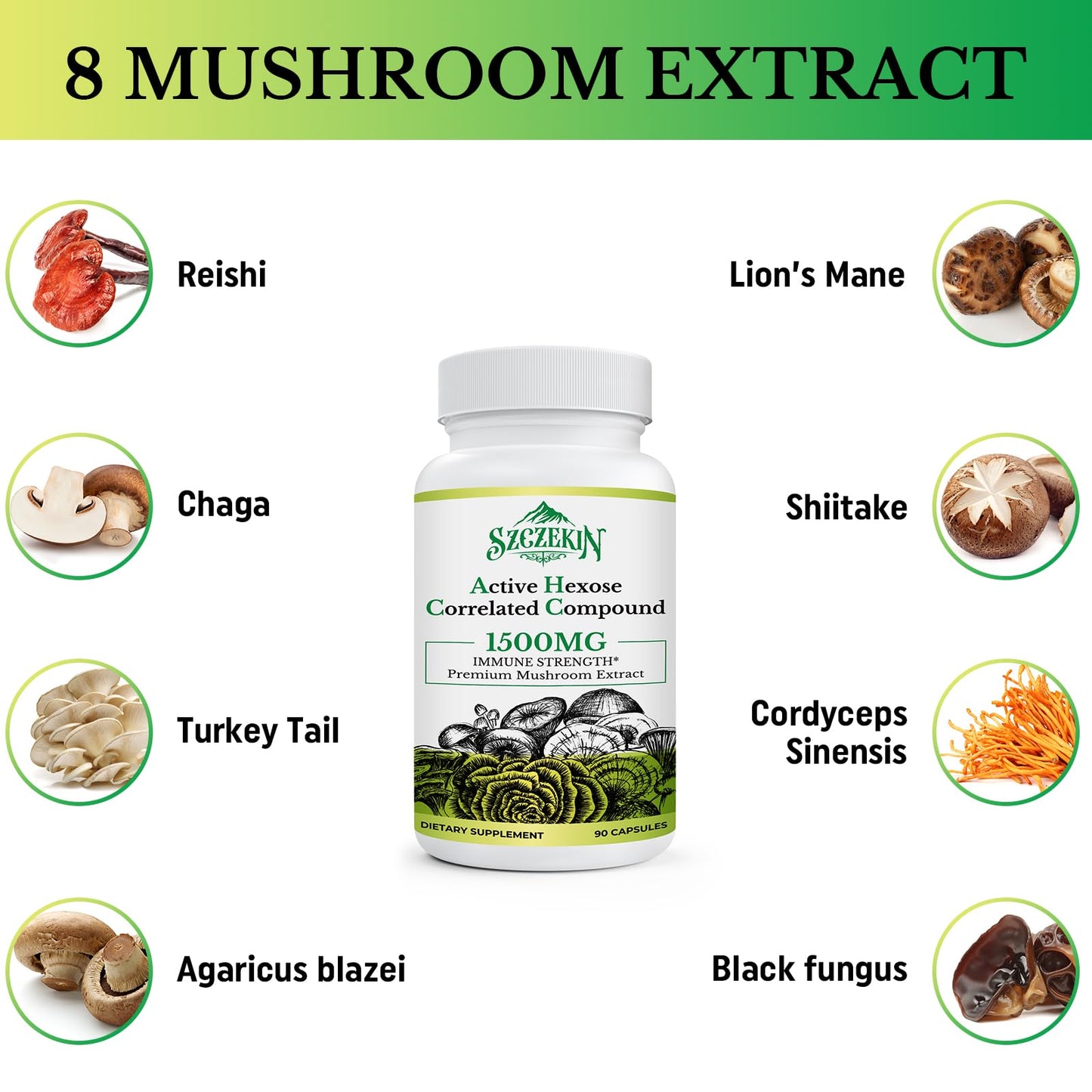 SZCZEKIN Active Hexose Correlated Compound 1500 mg Supplement, Natural 8 Mushroom Extract Supplement, Immune System, Liver Function, Natural Killer and T Cells Activity, 180 Veggie Capsules