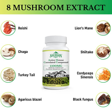 SZCZEKIN Active Hexose Correlated Compound 1500 mg Supplement, Natural 8 Mushroom Extract Supplement, Immune System, Liver Function, Natural Killer and T Cells Activity, 180 Veggie Capsules