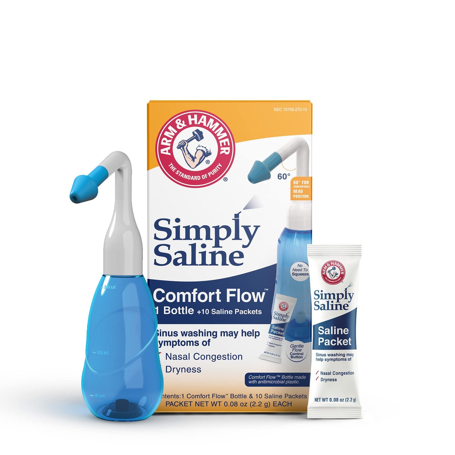 Arm & Hammer Comfort Flow with 10 Salt Packets, Nasal Rinse Kit for Sinus Wash, Helps Relieve Nasal Congestion & Irritation, Dryness, All-Natural, BPA-Free, Adults & Kids, Blue (240mL)