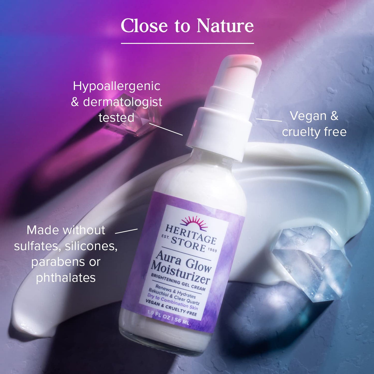 HERITAGE STORE Aura Glow Facial Moisturizer, Brightening Gel Cream, Dry Combination Skin Care, Hypoallergenic, Renews & Firms Skin’s Appearance, Adds Radiance w/Bakuchiol & Clear Quartz, Vegan 1.9oz