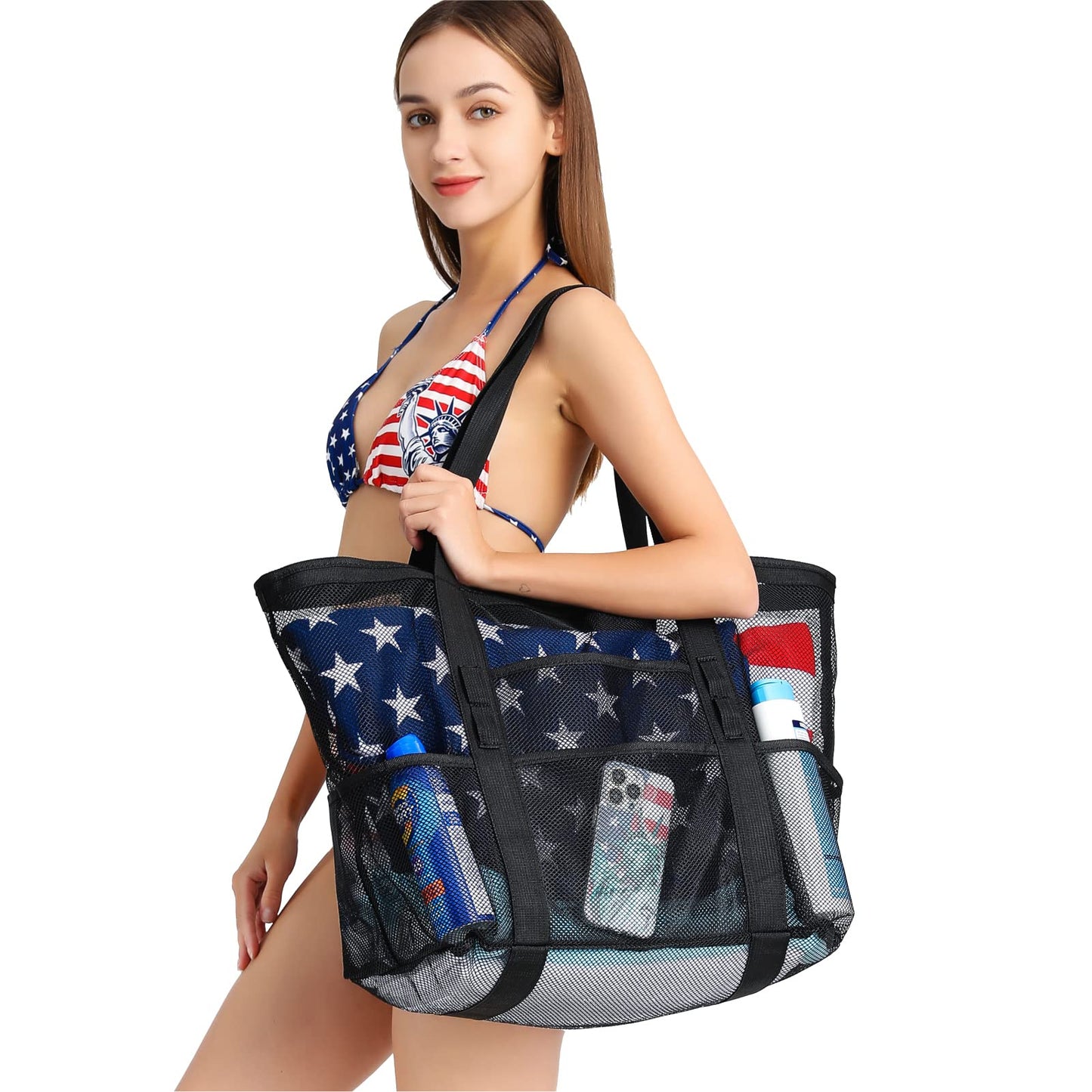 F-color Mesh Beach Bag Oversize-Beach Tote 9 Pockets Beach Towel Bag, Black