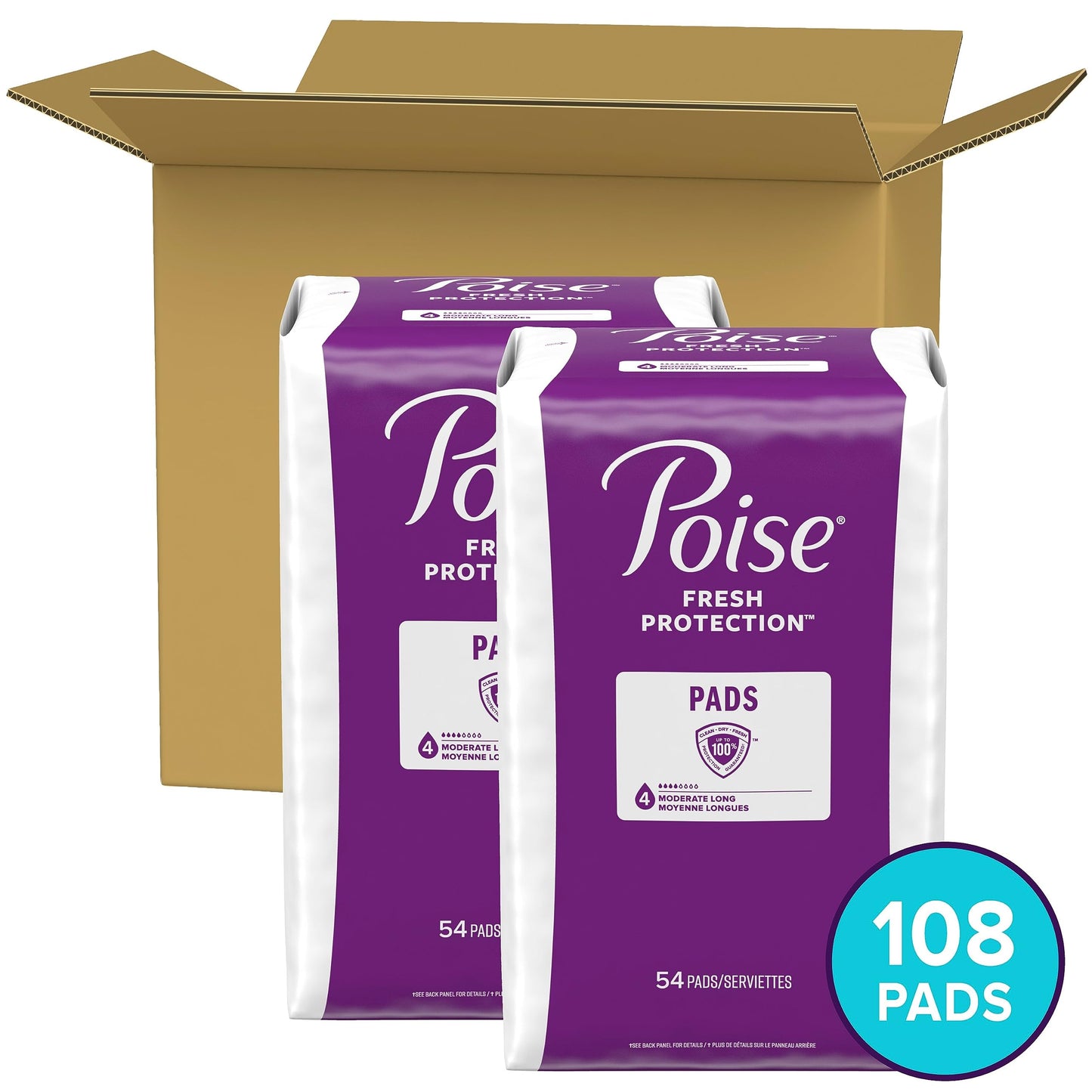Poise Incontinence Pads & Postpartum Incontinence Pads, 4 Drop Moderate Absorbency, Long Length, 108 Count (2 Packs of 54), Packaging May Vary, Adults, White