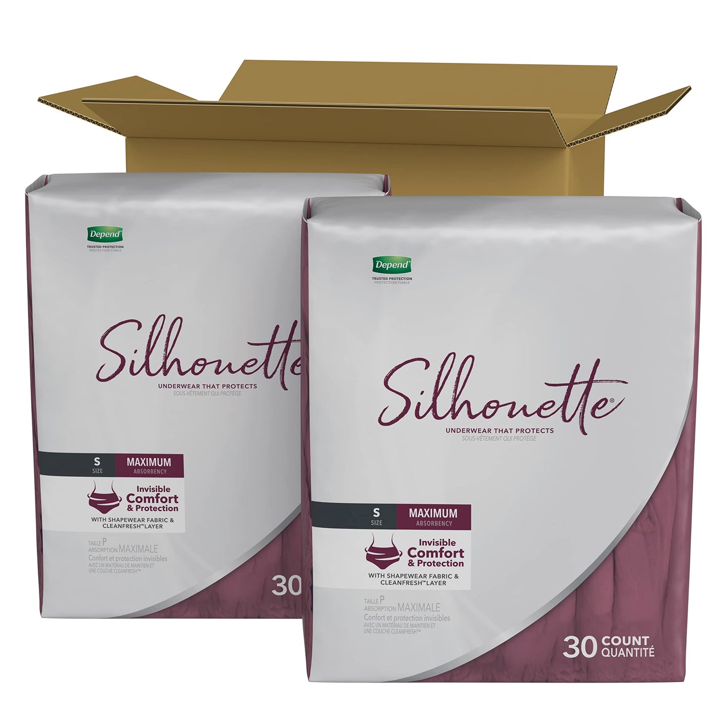 Depend Silhouette Adult Incontinence and Postpartum Underwear for Women, Small, Maximum Absorbency, Berry, 60 Count (2 Packs of 30), Packaging May Vary