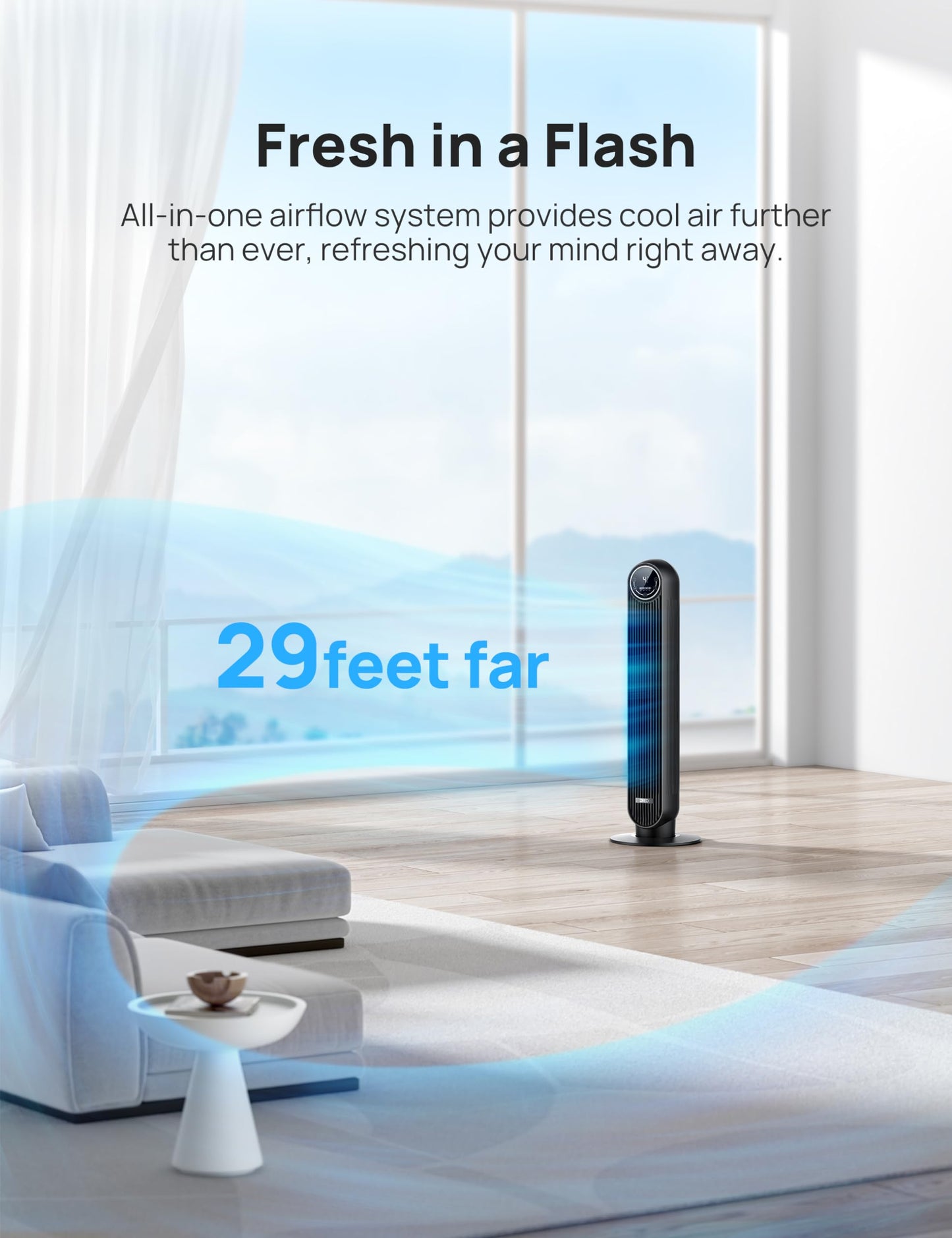 Dreo Tower Fan for Bedroom, 24ft/s Velocity Quiet Floor Fan, 90° Oscillating Fans for Indoors with 4 Speeds, 4 Modes, 8H Timer, Standing Fans, Bladeless Fan, Black, Nomad One (DR-HTF007)