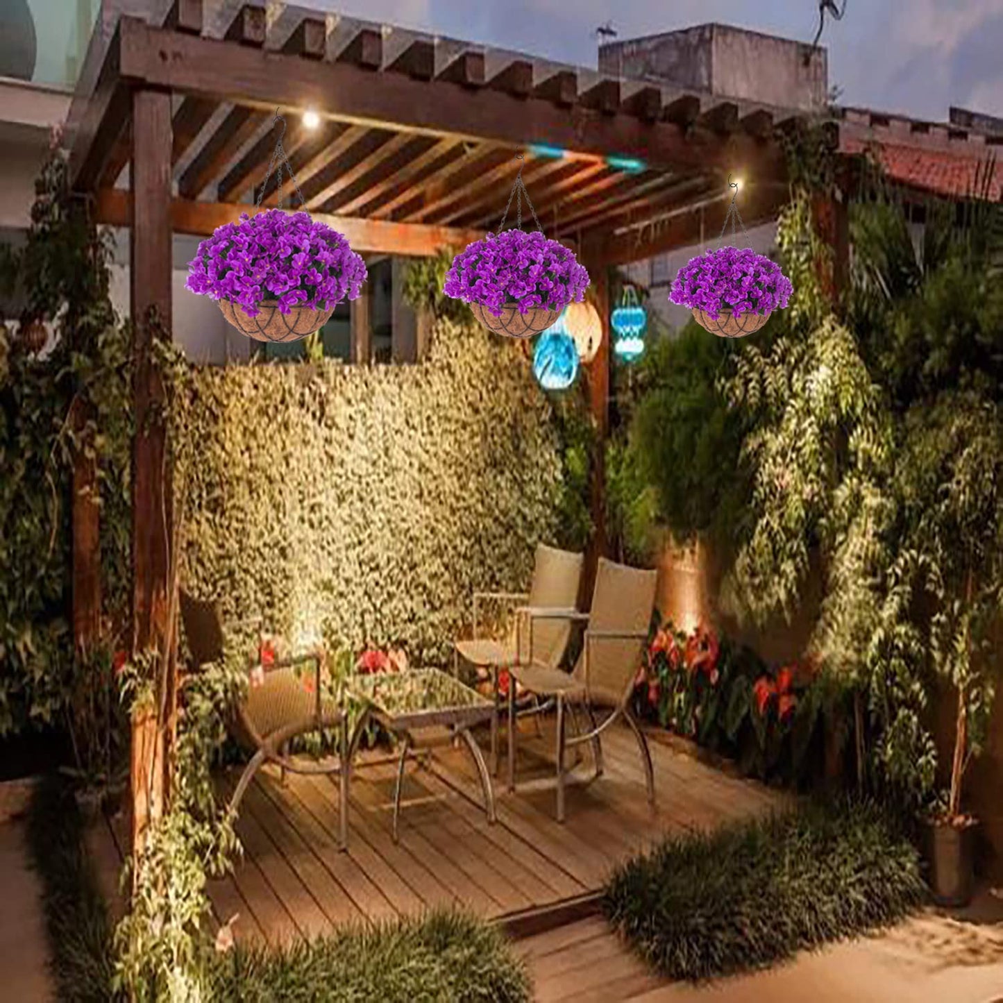 Artificial Flowers with HangingBasket for Outdoor Indoor,Fake Hydrangea Flowers in Coconut Lining Hanging Basket for Home Courtyard Decoration,4 Branches Hydrangea Flowers in 12'' Basket(Purple)