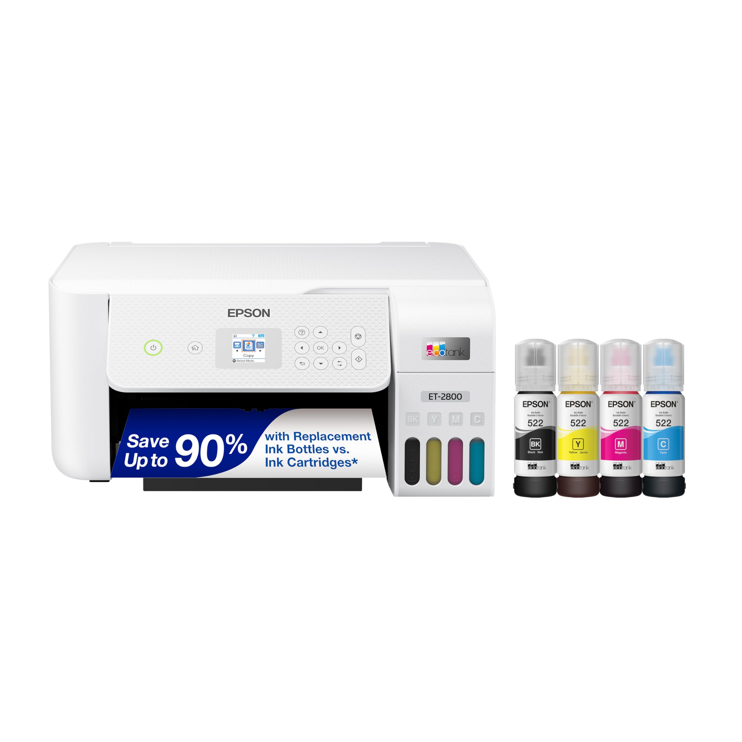 Epson EcoTank ET-2800 Wireless Color All-in-One Cartridge-Free Supertank Printer with Scan and Copy – The Ideal Basic Home Printer - White, Medium