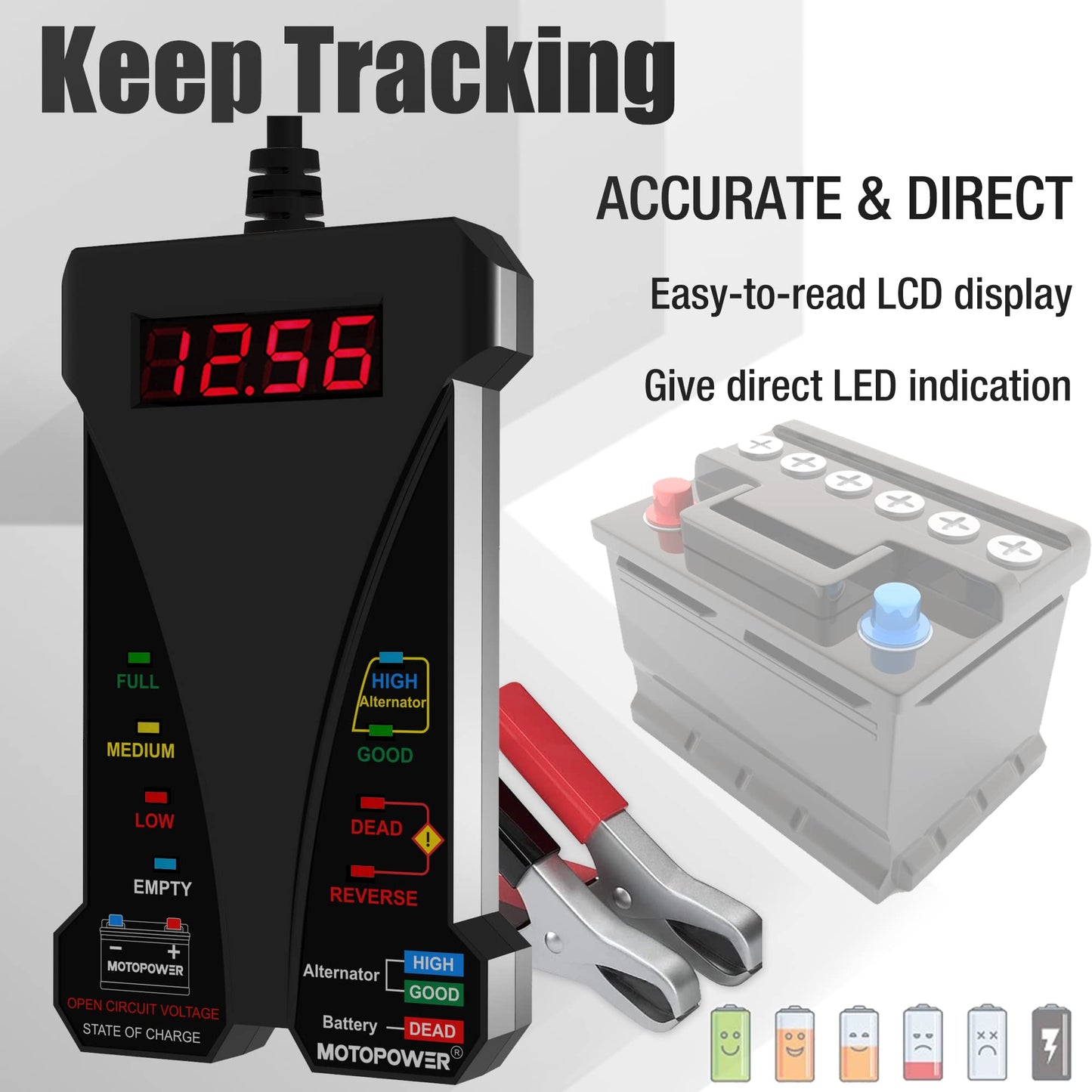 MOTOPOWER MP0514A 12V Digital Car Battery Tester Voltmeter and Charging System Analyzer with LCD Display and LED Indication - Black Rubber Paint
