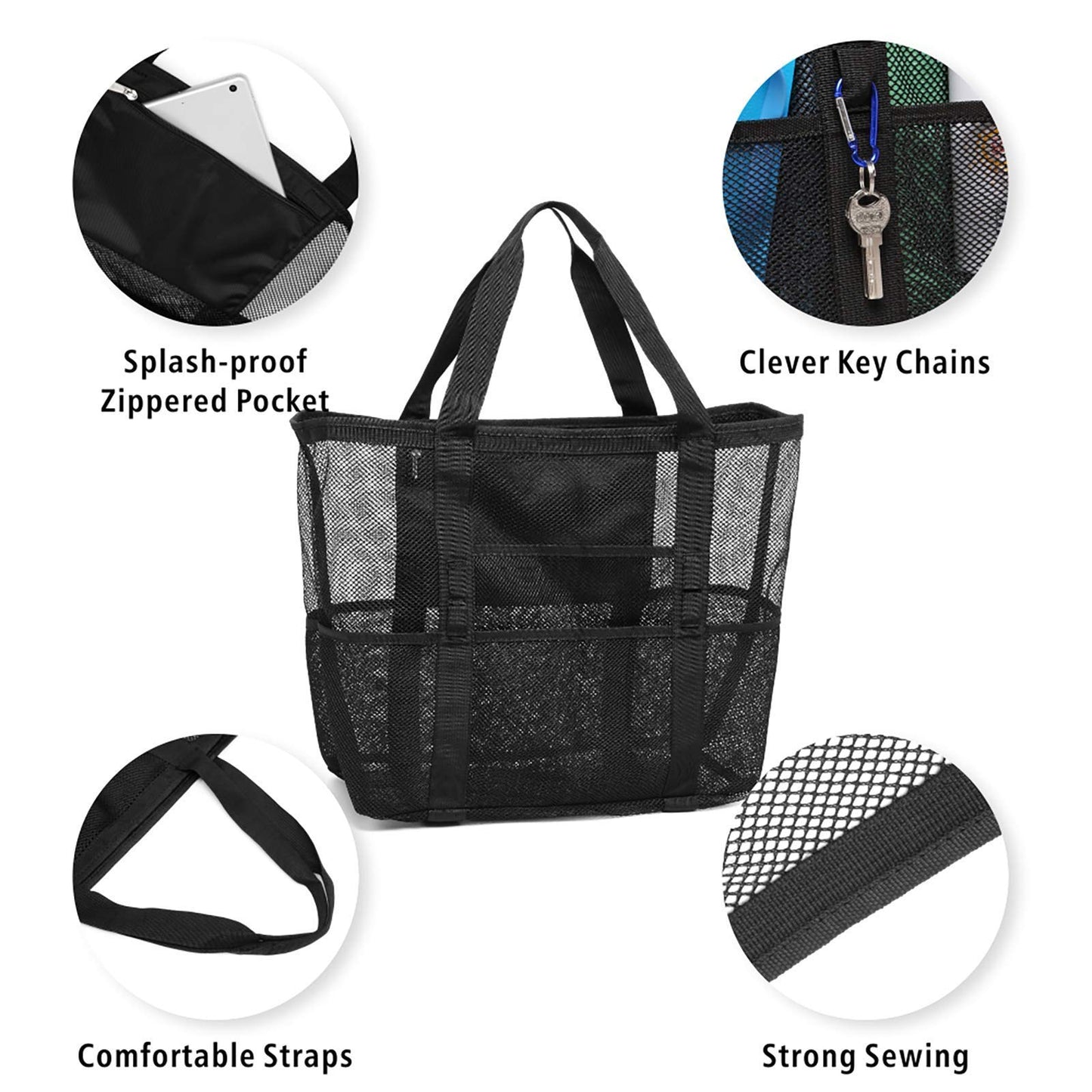 F-color Mesh Beach Bag Oversize-Beach Tote 9 Pockets Beach Towel Bag, Black