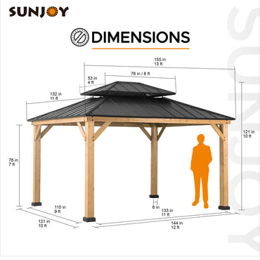 Sunjoy 11 x 13 ft. Wood Gazebo Cedar Framed Gaezbos with Black Double Steel Hardtop Roof for Garden, Backyard Shade, Matte Black Roof + Natural Wood Frame