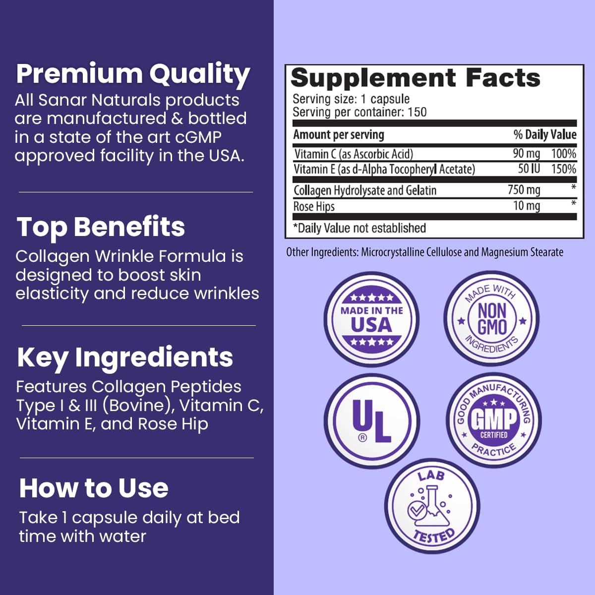 Sanar Naturals Collagen Pills with Vitamin C, Vitamin E - Reduce Wrinkles, Support Hair, Skin, Nails, Joints - Hydrolyzed Collagen for Women and Men, Collagen Peptides Supplement, 150 Capsules