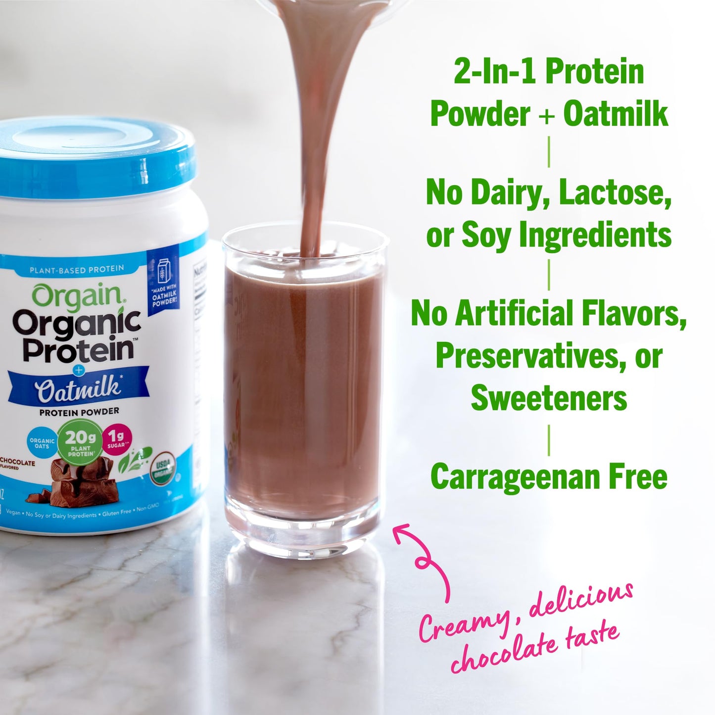 Orgain Organic Vegan Protein Powder + Oat Milk, Chocolate - 20g Plant Based Protein with Milk from Oats, Gluten Free, Dairy Free, Lactose Free, Soy Free, Low Sugar, Non GMO, Kosher - 1.05lb