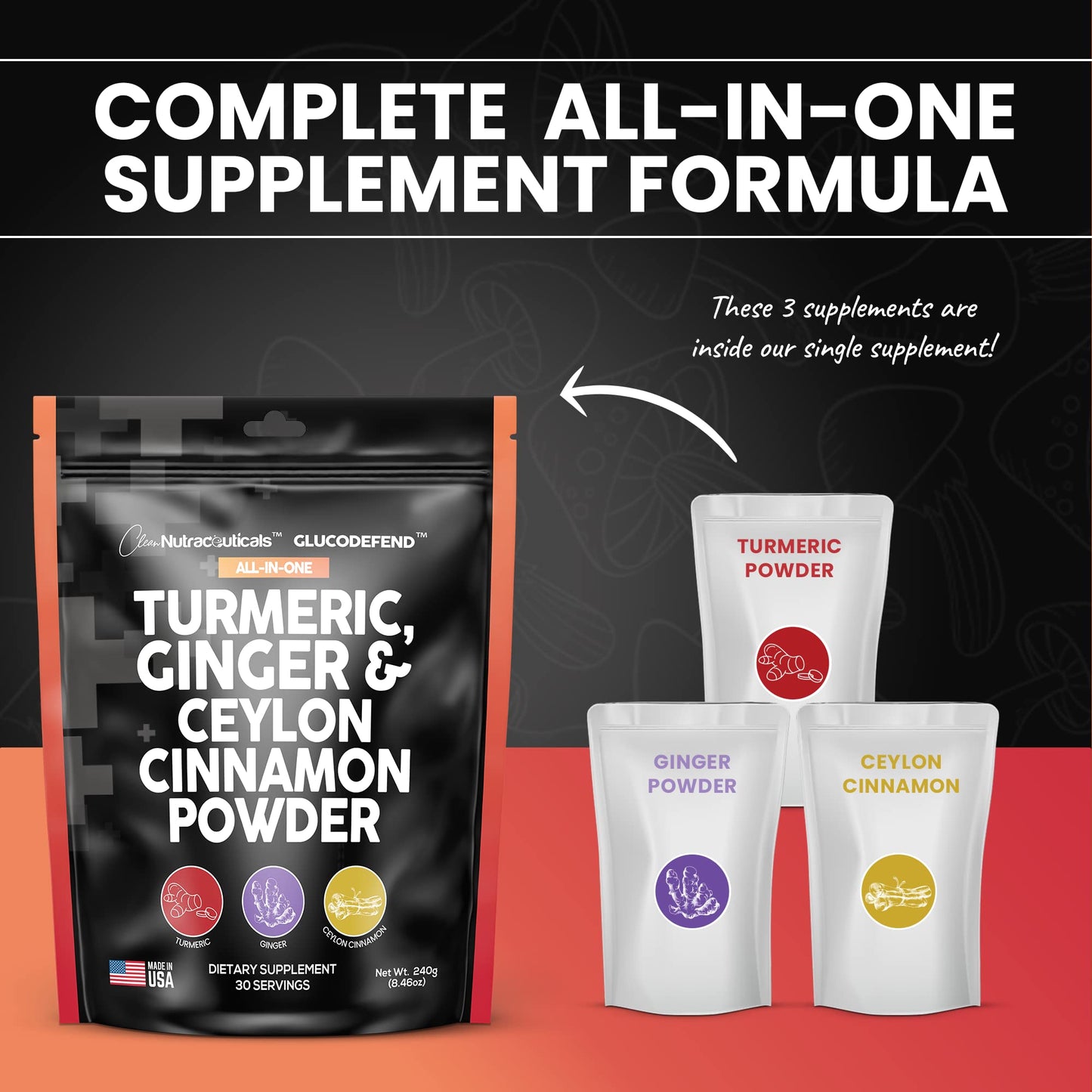 3in1 Turmeric Curcumin Ginger Root & Ceylon Cinnamon Powder Supplement Made in USA - Turmeric Powder for Health, Cooking, Baking - Premium Quality Ginger Powder - Alternative to Pills Capsules Tablets