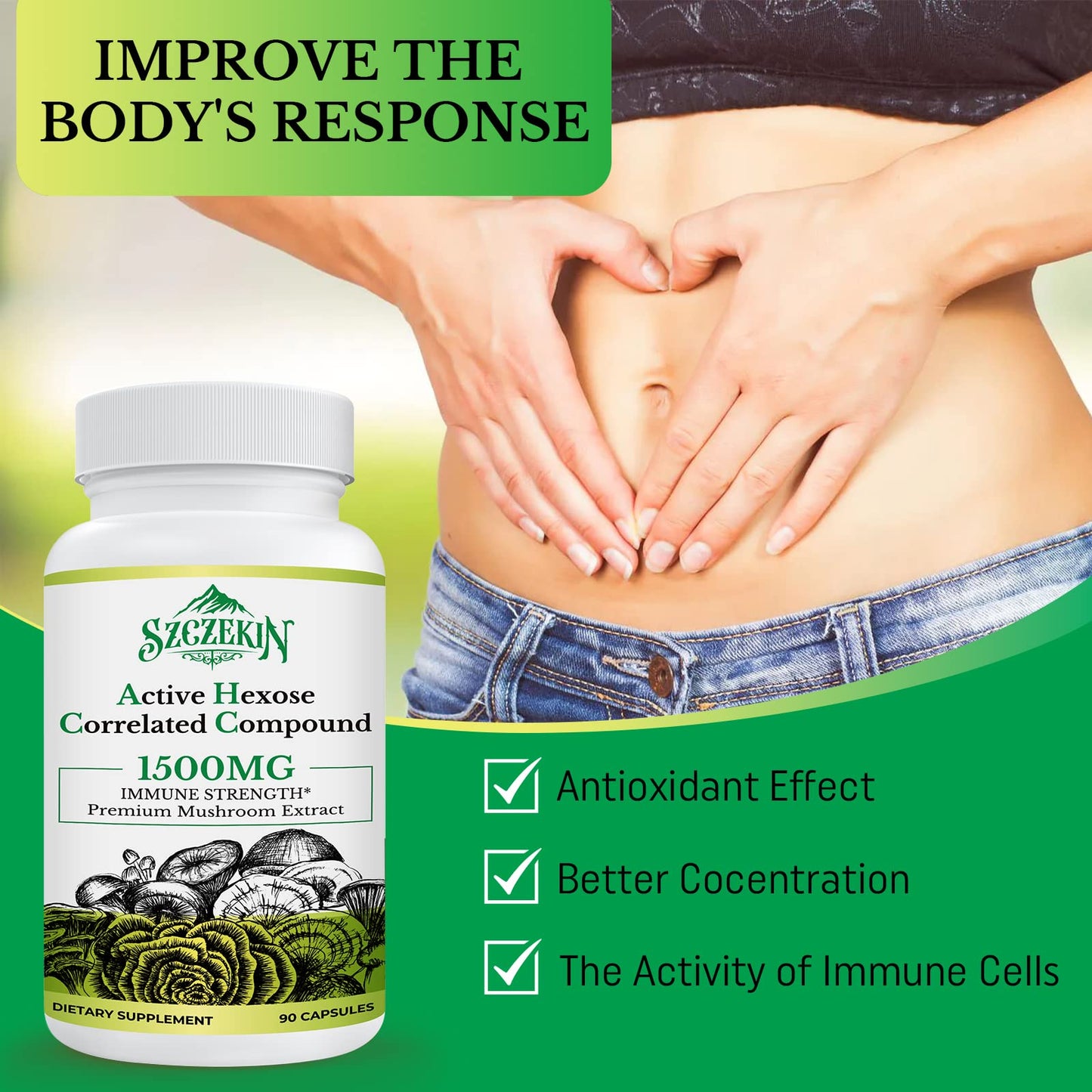 SZCZEKIN Active Hexose Correlated Compound 1500 mg Supplement, Natural 8 Mushroom Extract Supplement, Immune System, Liver Function, Natural Killer and T Cells Activity, 180 Veggie Capsules