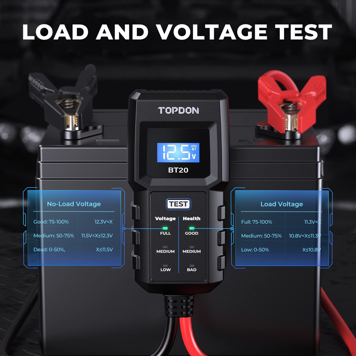 12V Car Battery Tester, TOPDON BT20 Battery Load Tester 100-2000CCA, Cranking&Charging Test via App, Record Voltage History, Automotive Battery Analyzer&Checker for Car Truck SUV Boat