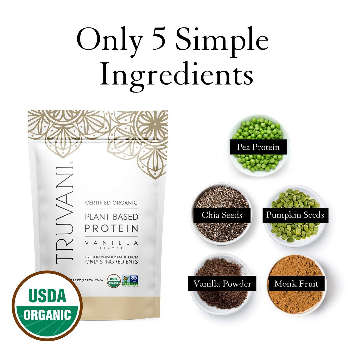 Truvani Organic Vegan Protein Powder, Organic Pea Protein Powder, Vegan, Non GMO, Gluten/Diary Free, Vanilla, 20.9oz (1pk, 20 Servings)