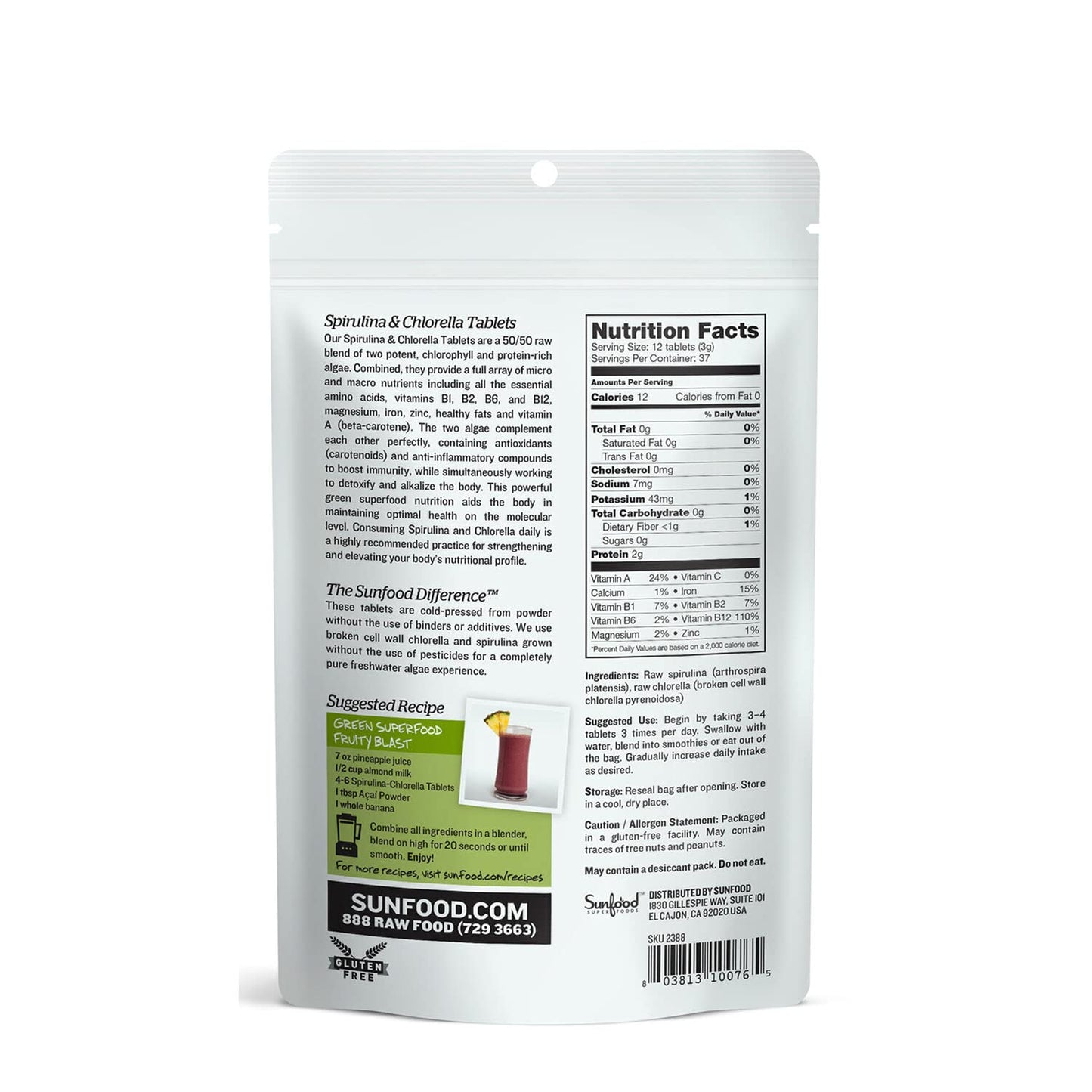 Sunfood Premium Spirulina Chlorella Tablets | 456 Tablets, 4oz Bag | 50/50 Blend | Broken Cell Wall, Rich in Natural Vegan Protein & Chlorophyll