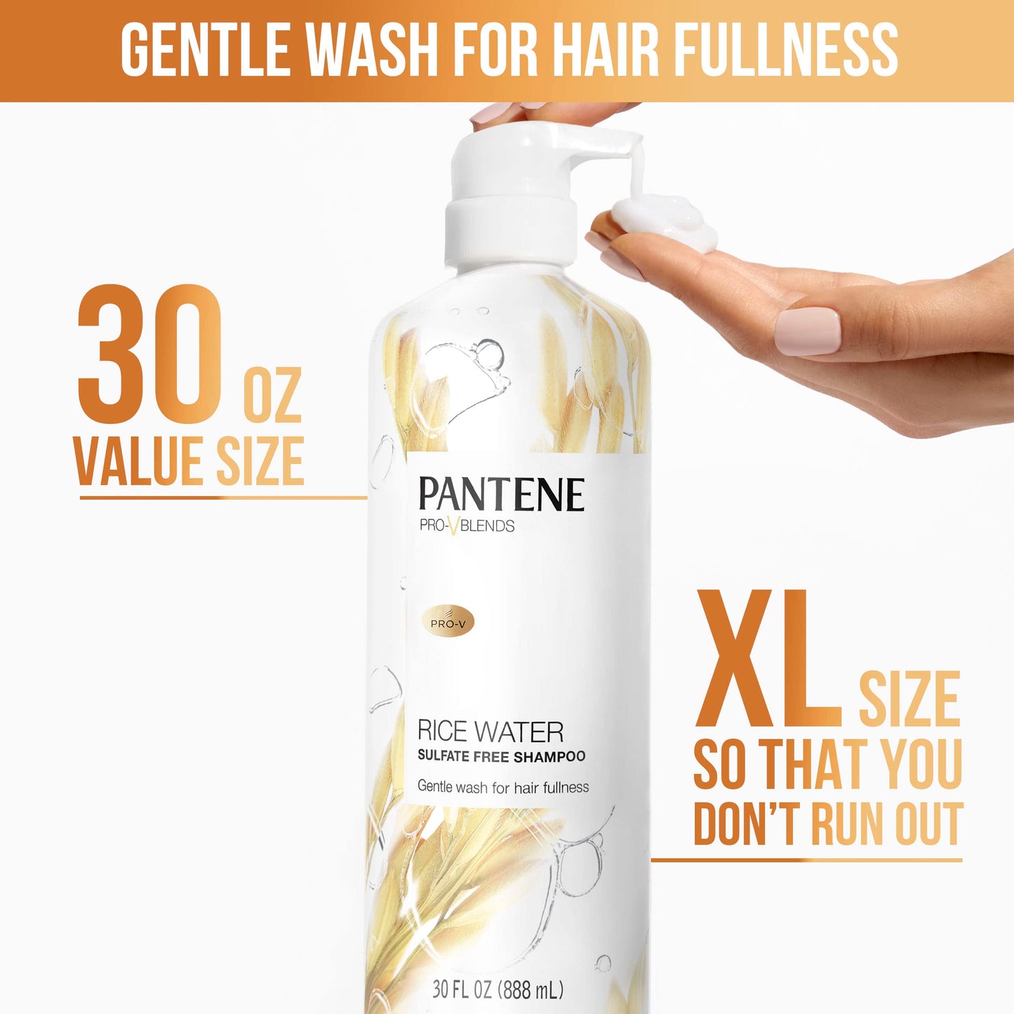 Pantene Sulfate Free Shampoo with Rice Water, Protects Natural Hair Growth, Volumizing, for Women, Nutrient Infused with Vitamin B5, Safe for Color Treated Hair, Pro-V Blends, 30.0 oz