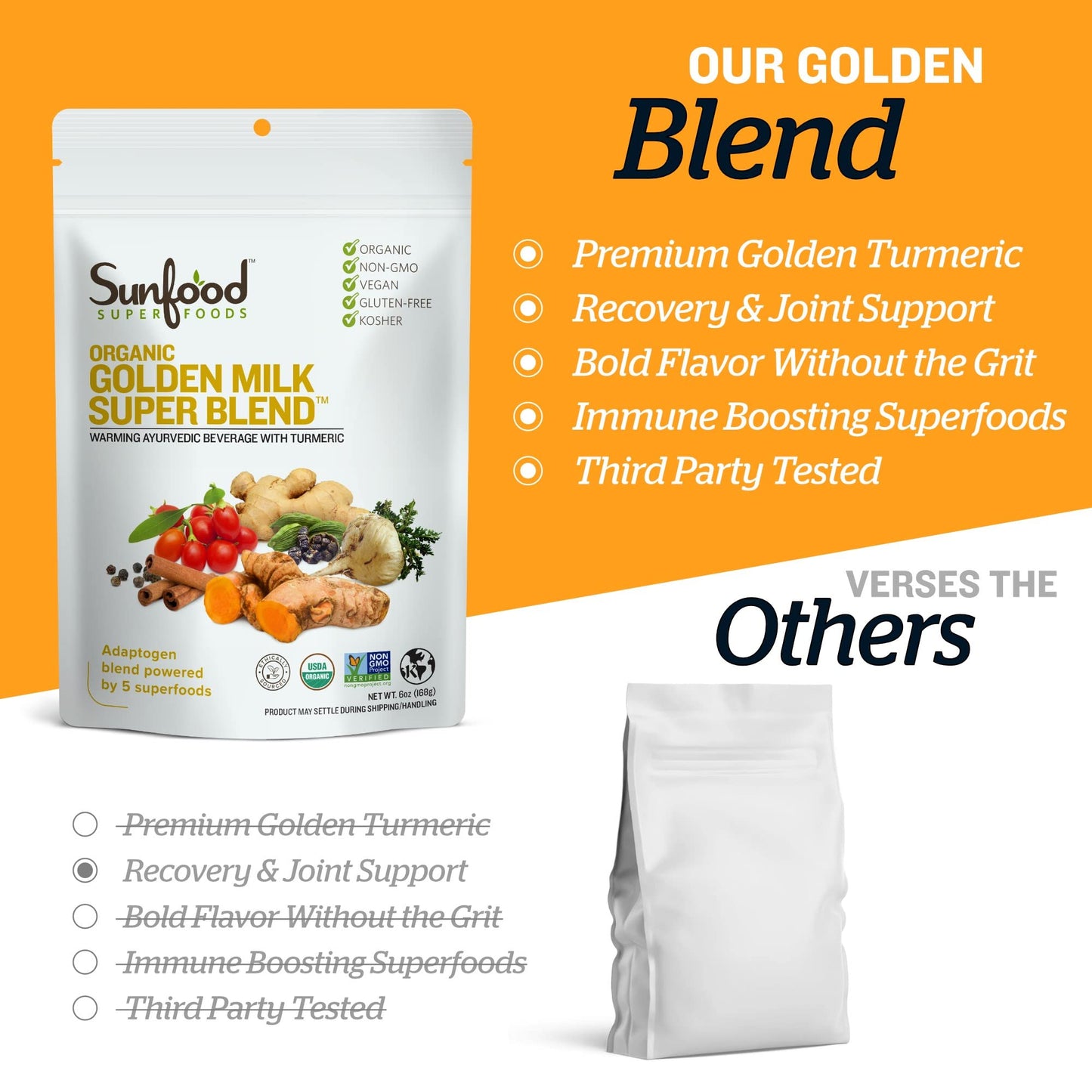 Sunfood Golden Milk Superfood Powder, Organic Turmeric Latte Blend with Ginger, Black Pepper, Maca & Cinnamon, Gut Health - Gluten Free, Vegan, Non GMO Coffee Alternative - 6 oz Bag, 56 Servings