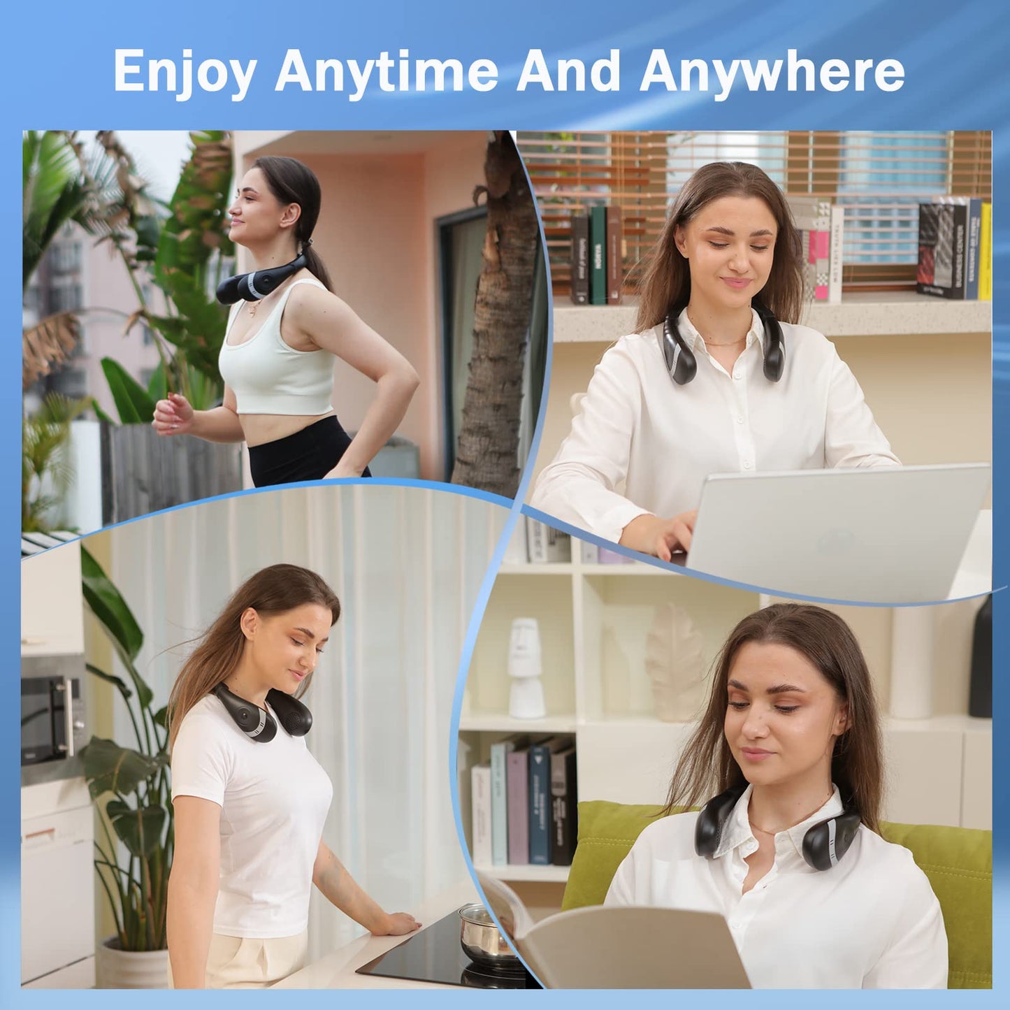 Portable Neck Fan, 360° Cooling Personal Fan, Hands Free Bladeless Fan, Battery Operated, USB Rechargeable, 3 Speeds Wearable Quiet Fan for Outdoor Indoor, Black