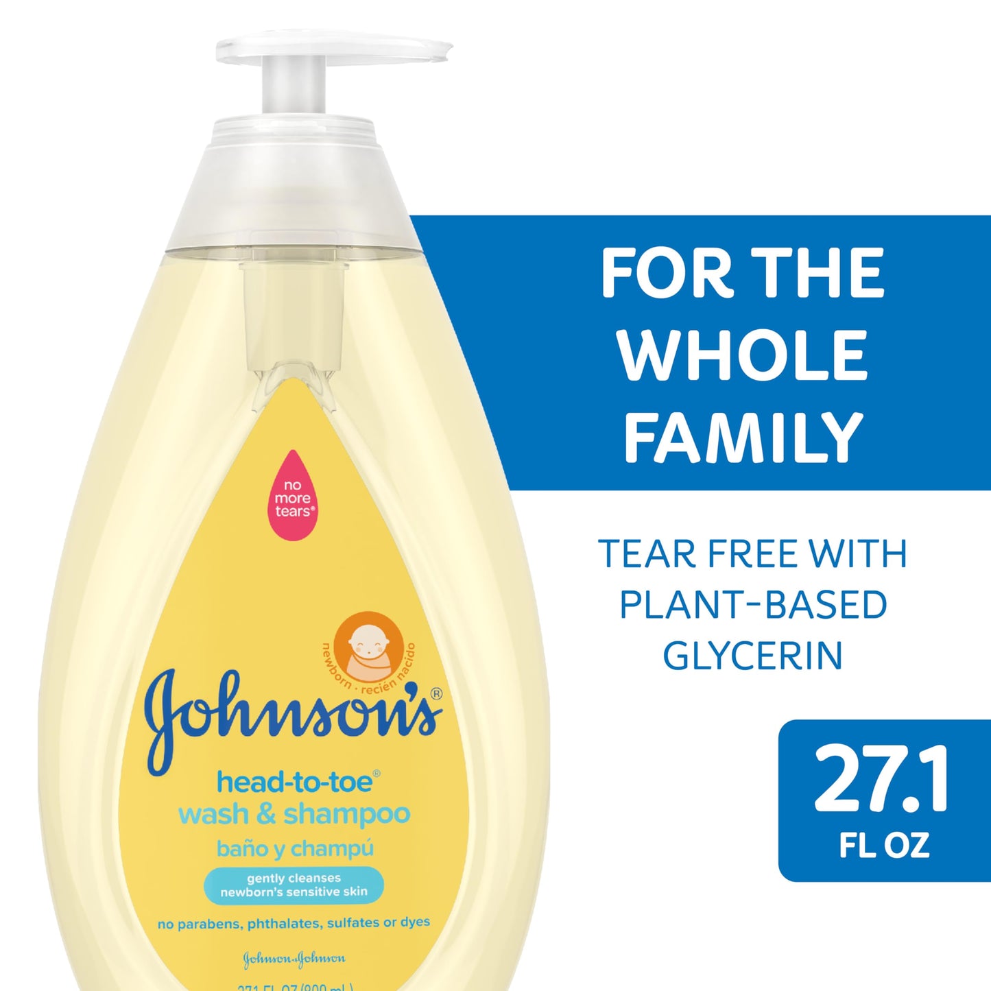 Johnson's Head-To-Toe Gentle Baby Body Wash & Shampoo, Tear-Free, Sulfate-Free & Hypoallergenic Bath Wash & Shampoo for Baby's Sensitive Skin & Hair, Washes Away 99.9% Of Germs 27.1 fl. oz