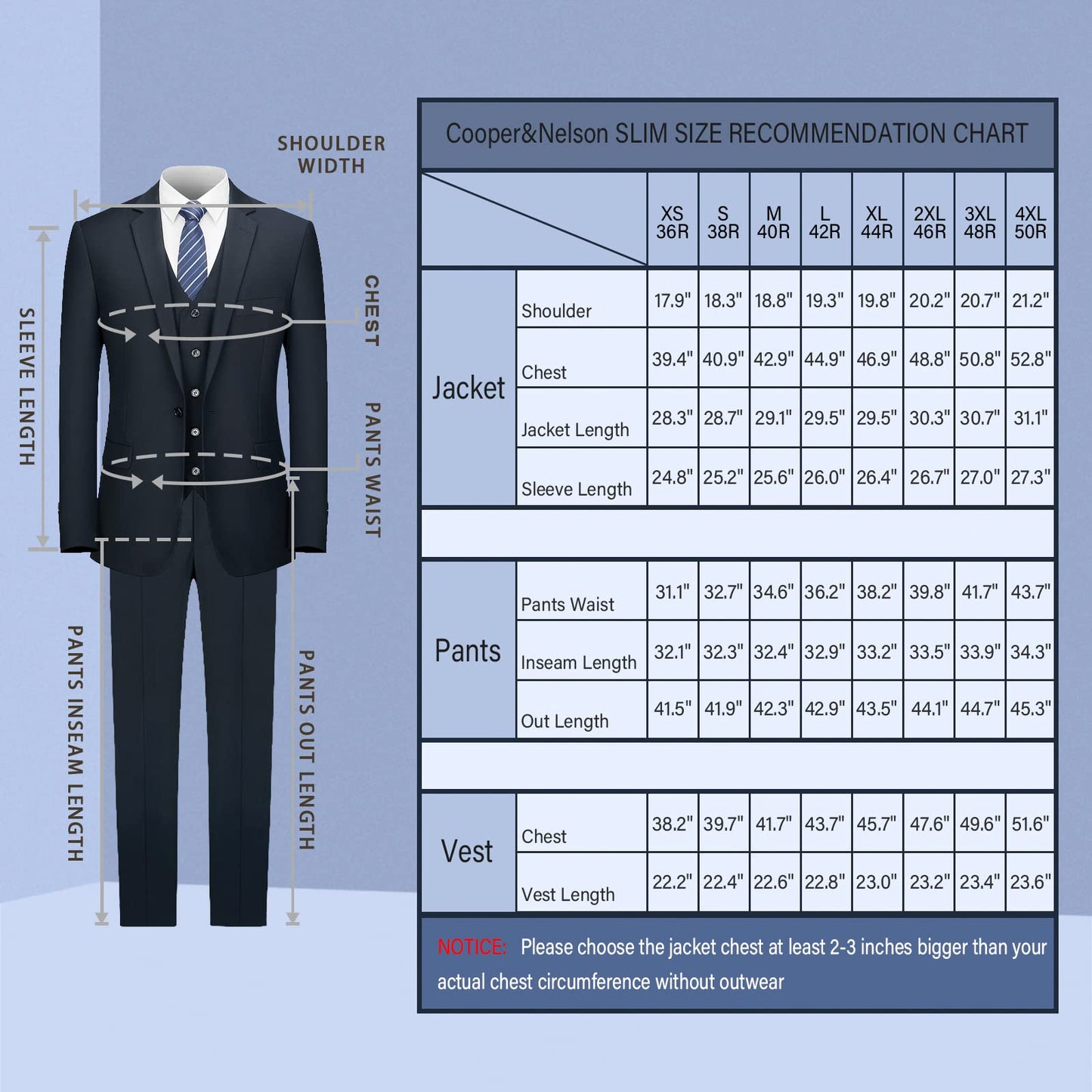 Cooper & Nelson Men's Suit Slim Fit, 3 Piece Suits for Men, One Button Solid Jacket Vest Pants with Tie, Tuxedo Set Dark Navy XS