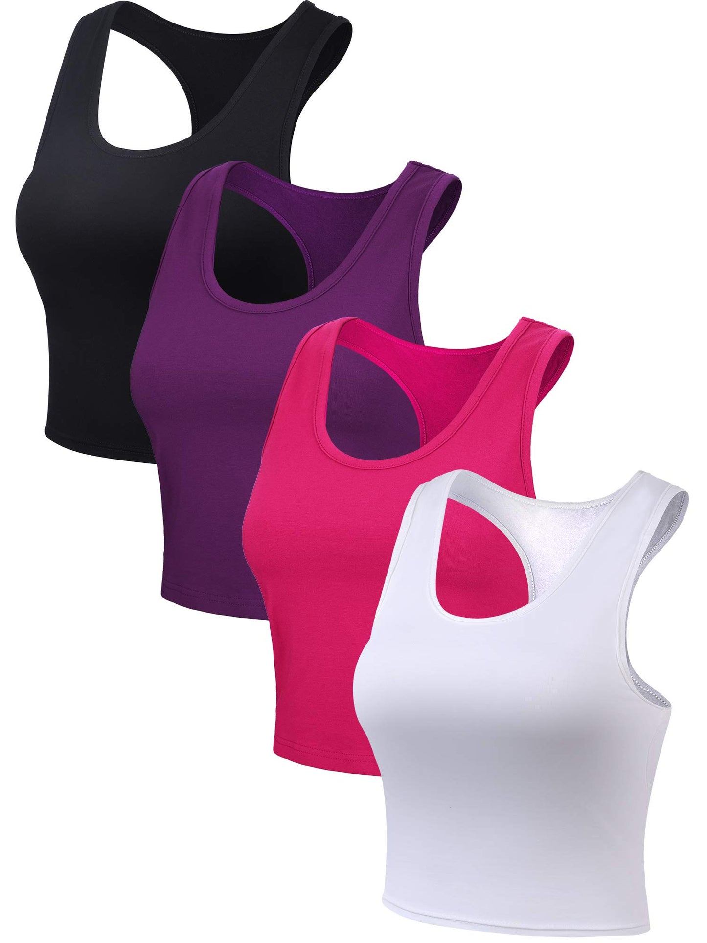 Boao 4 Pieces Basic Crop Tank Tops Sleeveless Racerback Crop Top for Women(Black, White, Rose Red, Purple,Small)