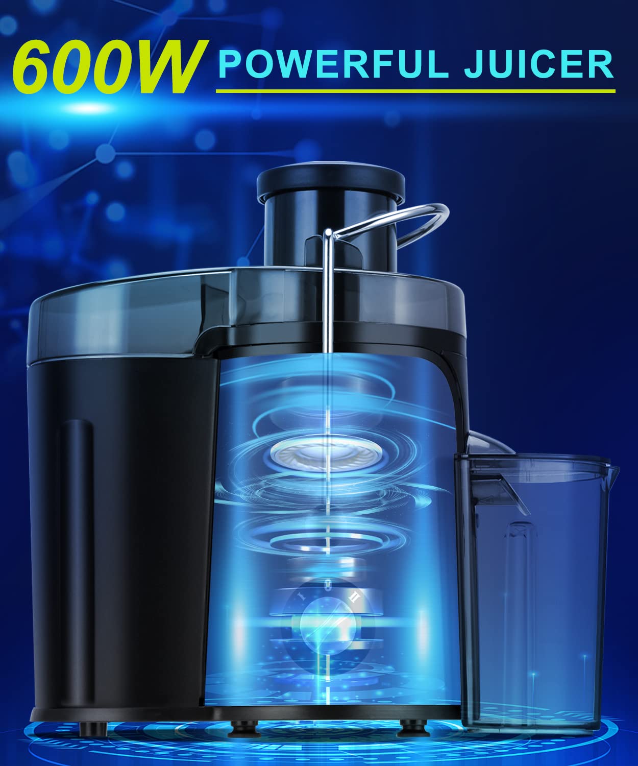 Juicer Machine, 600W Juicer with 3.5β Wide Chute for Whole Fruits and Veg, Juice Extractor with 3 Speeds, BPA Free, Easy to Clean, Compact Centrifugal Juicer Anti-drip