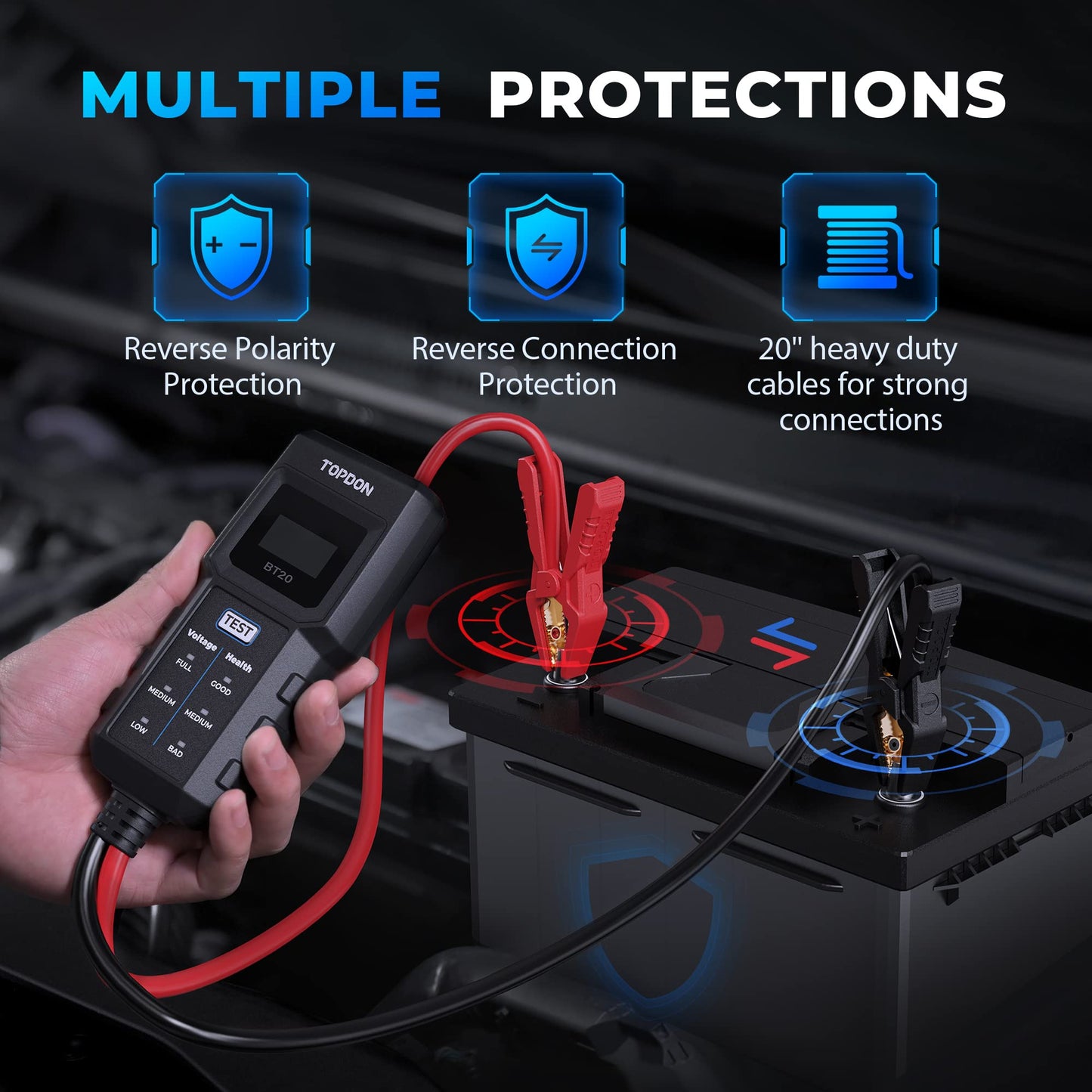 12V Car Battery Tester, TOPDON BT20 Battery Load Tester 100-2000CCA, Cranking&Charging Test via App, Record Voltage History, Automotive Battery Analyzer&Checker for Car Truck SUV Boat