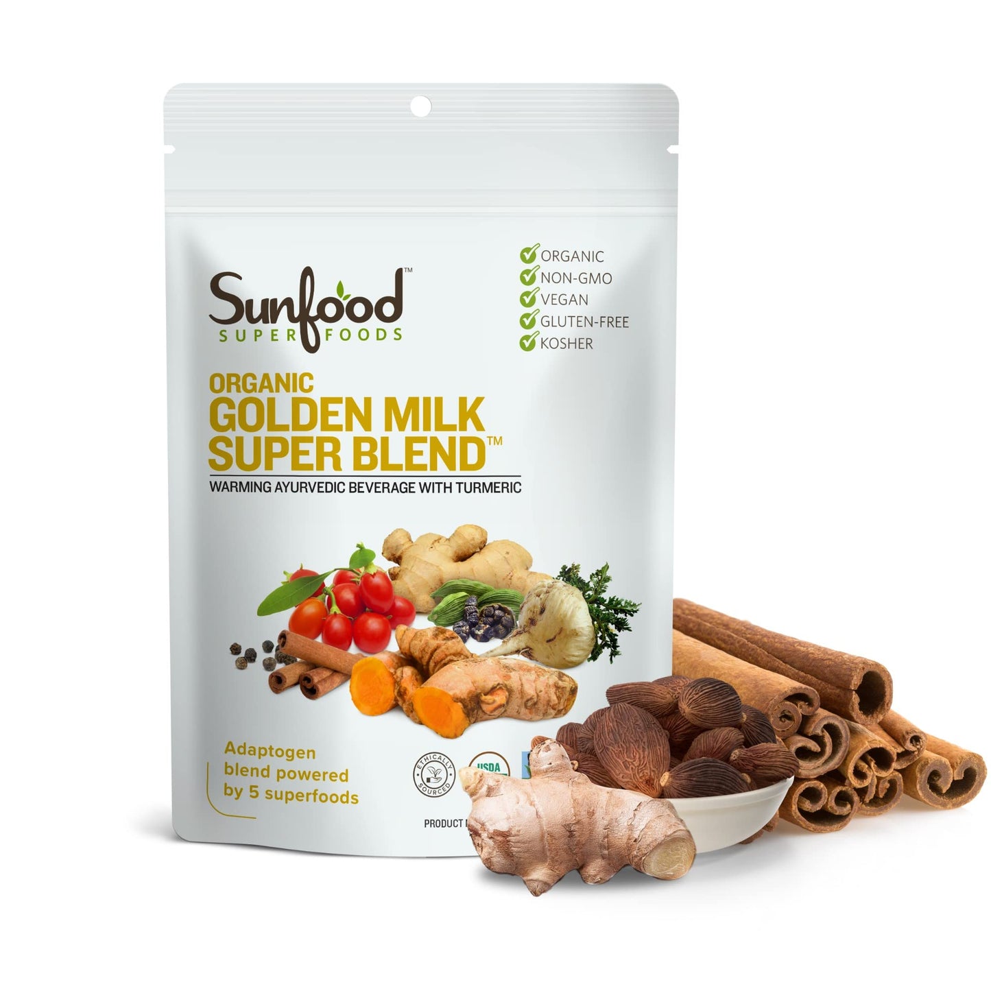 Sunfood Golden Milk Superfood Powder, Organic Turmeric Latte Blend with Ginger, Black Pepper, Maca & Cinnamon, Gut Health - Gluten Free, Vegan, Non GMO Coffee Alternative - 6 oz Bag, 56 Servings
