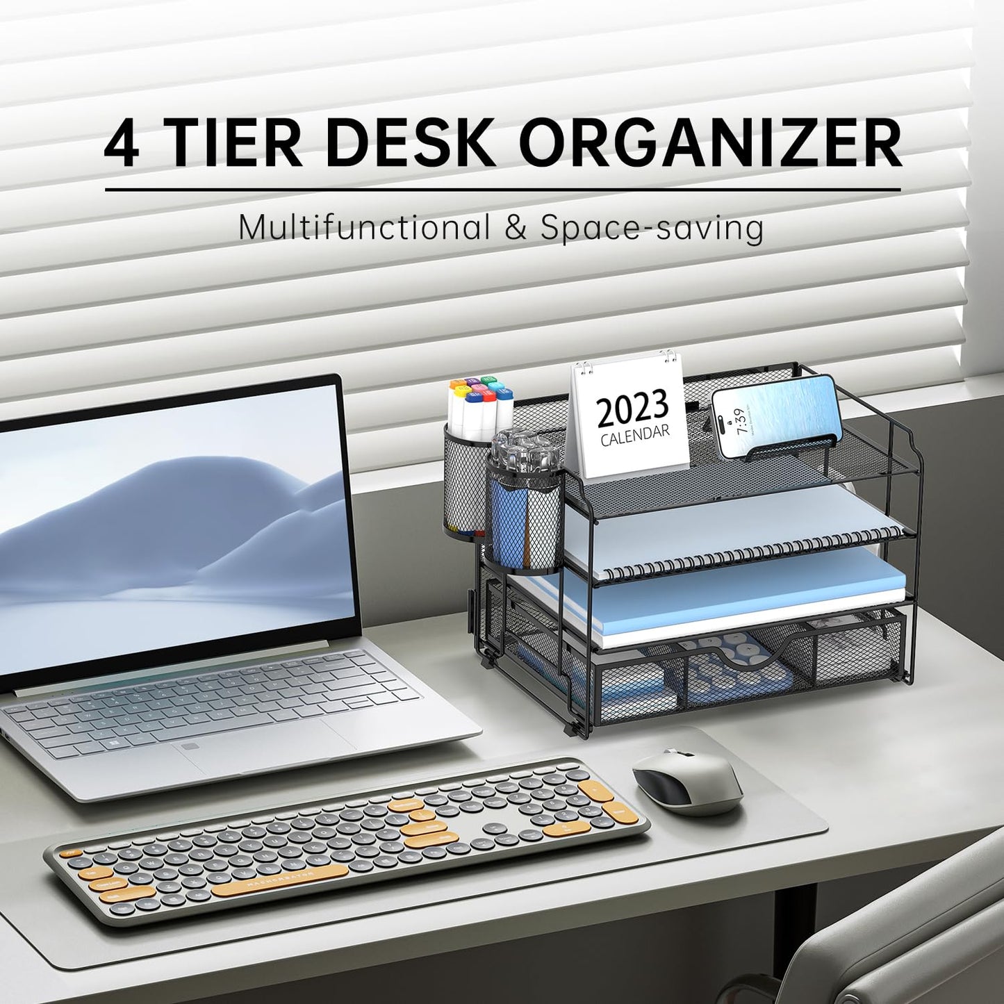 DALTACK Mesh Desk Organizer, 4 Tier Paper Letter Tray Organizer, Desktop Organizer with Drawer and Pen Holders, Desk Organizers and Accessories for Office Supplies, Black