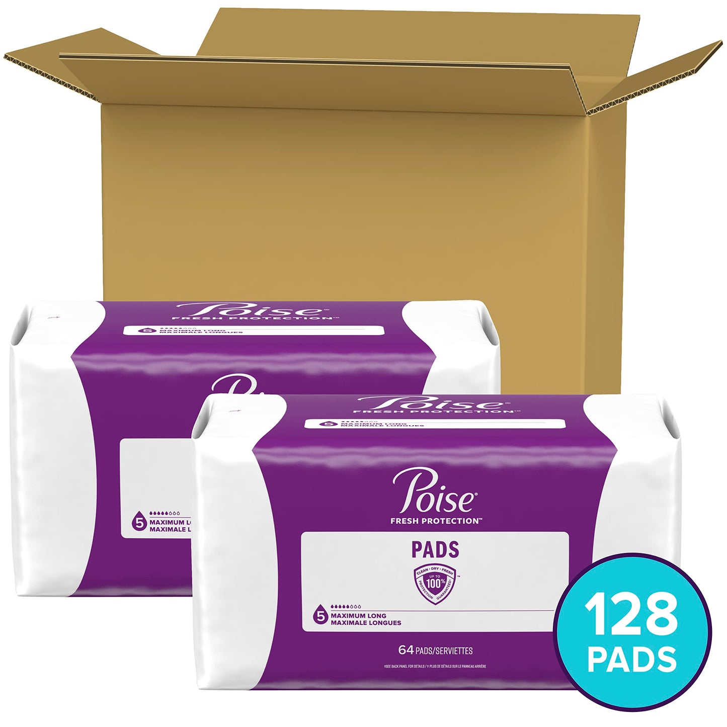 Poise Incontinence Pads & Postpartum Incontinence Pads, 5 Drop Maximum Absorbency, Long Length, 128 Count (2 Packs of 64), Packaging May Vary