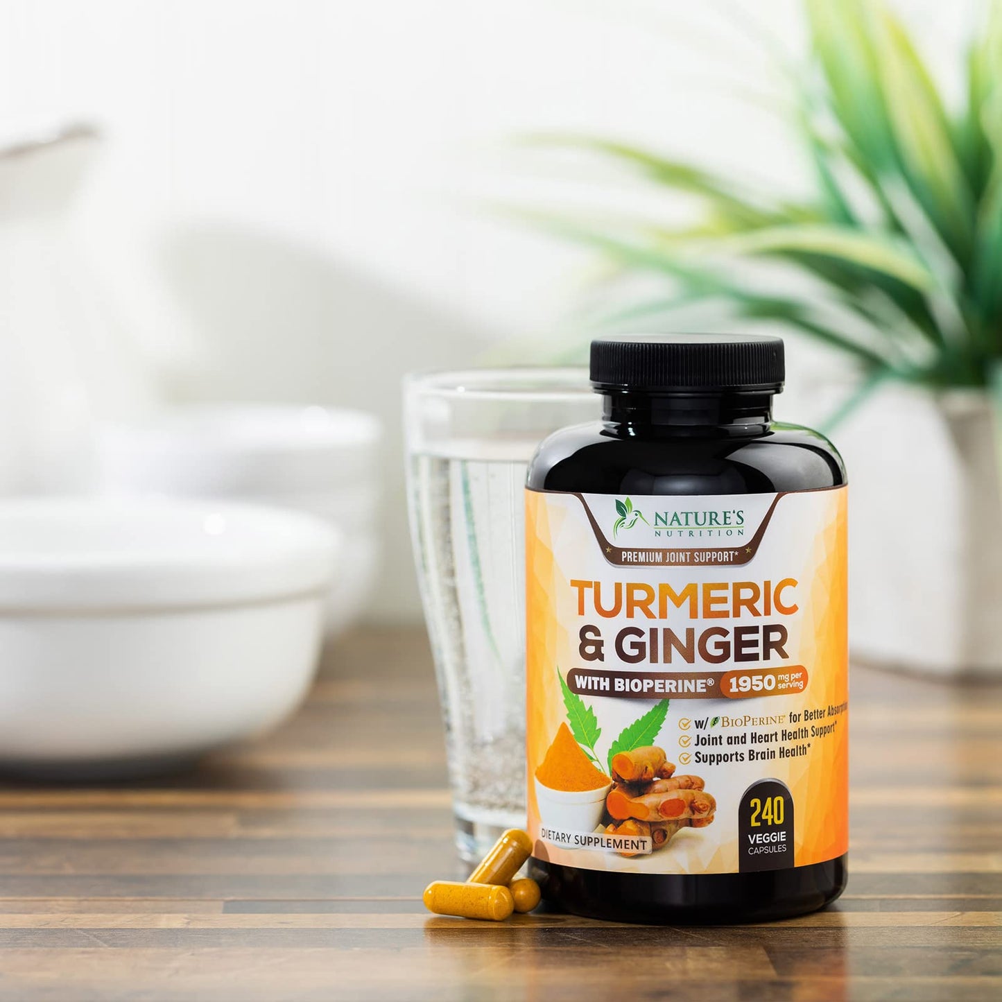 Turmeric Curcumin with BioPerine & Ginger 95% Standardized Curcuminoids 1950mg - Black Pepper for Max Absorption, Herbal Joint Support, Nature's Tumeric Extract Supplement, Vegan - 240 Capsules