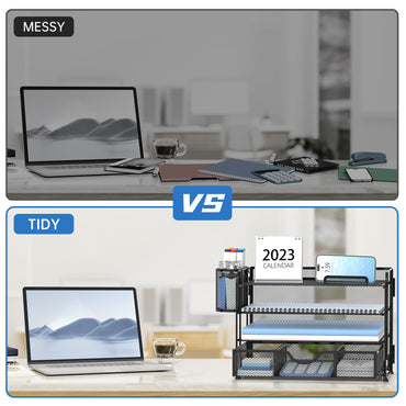 DALTACK Mesh Desk Organizer, 4 Tier Paper Letter Tray Organizer, Desktop Organizer with Drawer and Pen Holders, Desk Organizers and Accessories for Office Supplies, Black