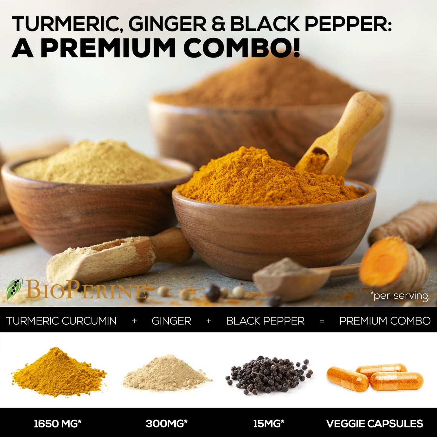 Turmeric Curcumin with BioPerine & Ginger 95% Standardized Curcuminoids 1950mg - Black Pepper for Max Absorption, Herbal Joint Support, Nature's Tumeric Extract Supplement, Vegan - 240 Capsules