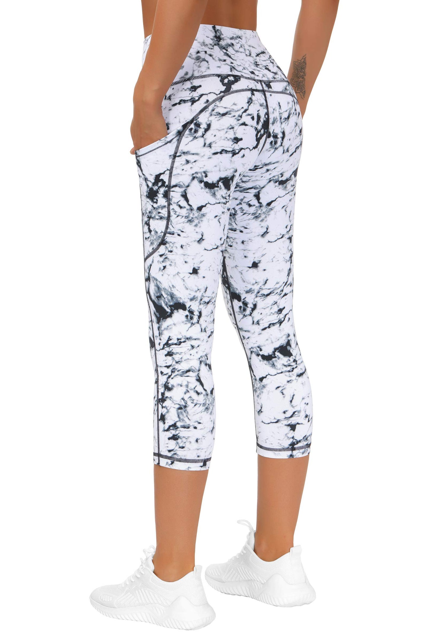 THE GYM PEOPLE Thick High Waist Yoga Pants with Pockets, Tummy Control Workout Running Yoga Leggings for Women (Small, Z- Capris Marble)