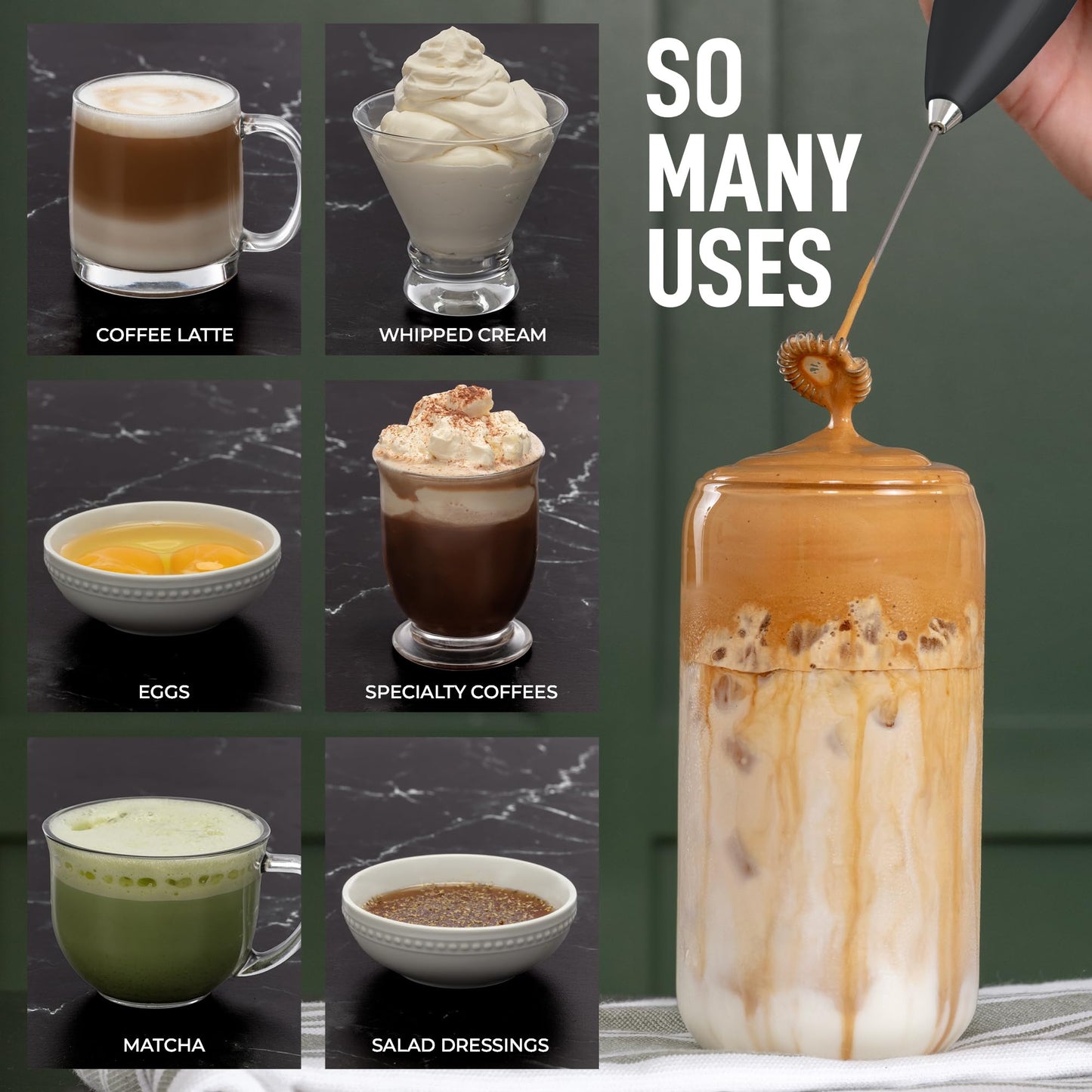 Zulay Kitchen Powerful Milk Frother Handheld Foam Maker for Lattes - Whisk Drink Mixer for Coffee, Mini Foamer for Cappuccino, Frappe, Matcha, Hot Chocolate by Milk Boss (Black)