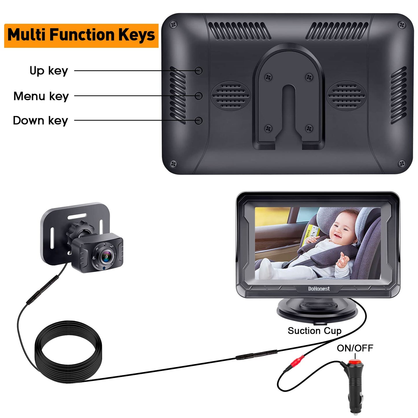 DoHonest Baby Car Camera HD 1080P: 360° Rotating Plug and Play Easy Install 3 Mins Rear Facing Car Baby Monitor with Camera Crystal Night Vision Backseat Camera Two Kids -V33