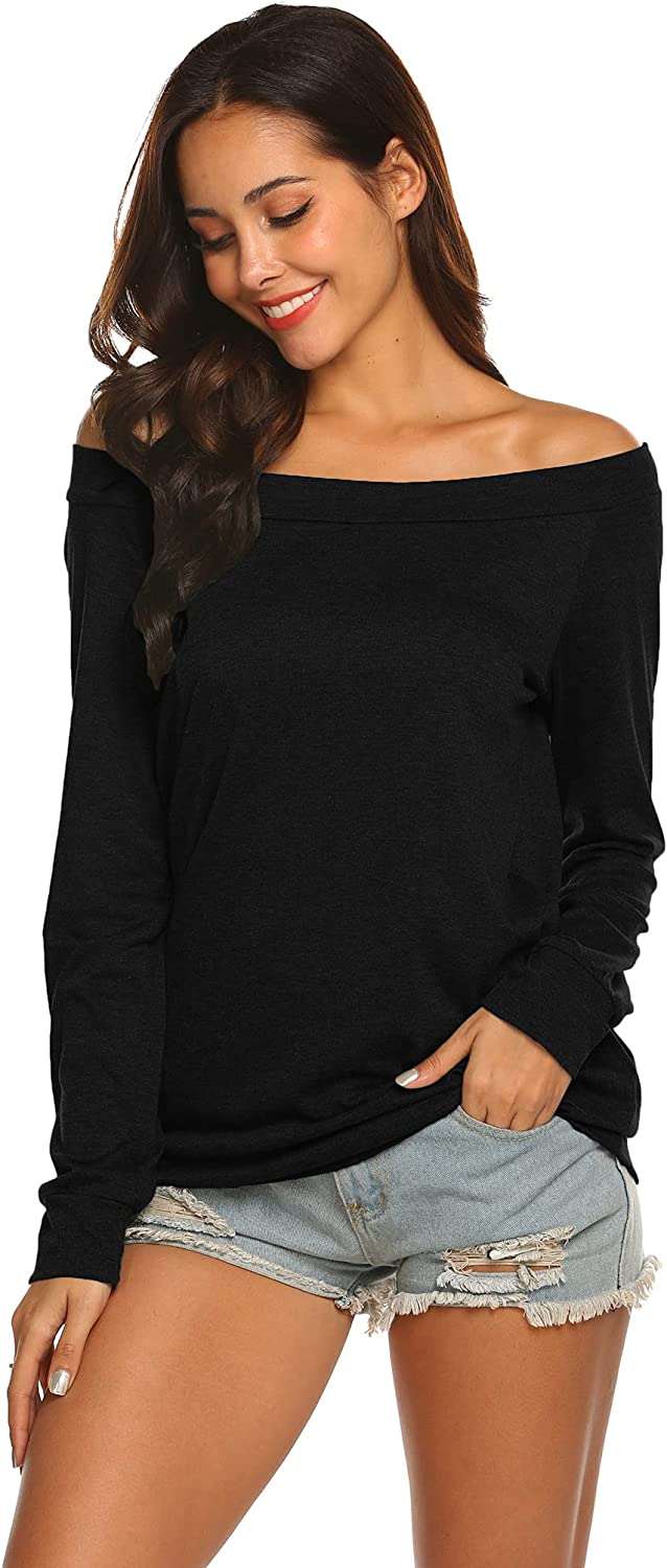 Halife Women's Long Sleeve Boat Neck Off Shoulder Blouse Tops Large Black