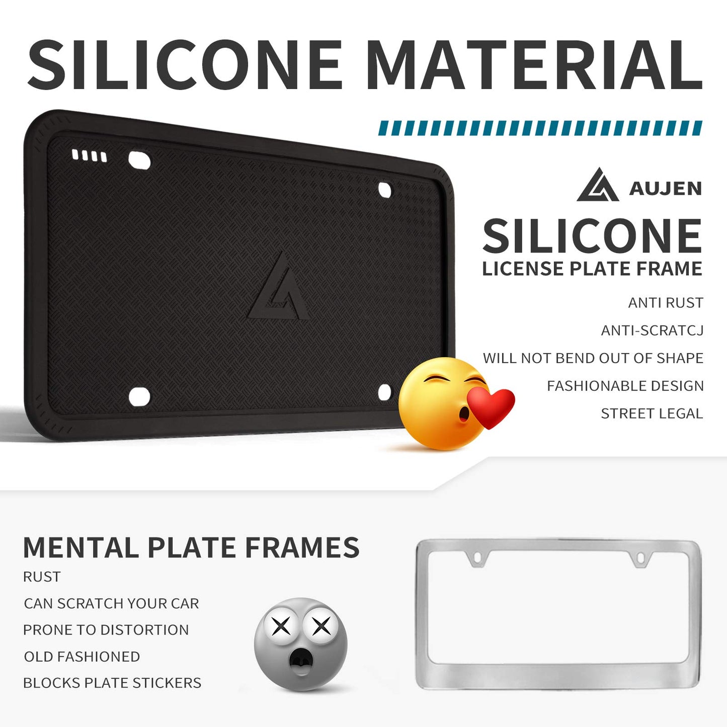 Aujen Silicone Black License Plate Frames, 2 Pack Universal Car License Plate Holders, Rust-Proof and Weather-Proof Accessories (Black)